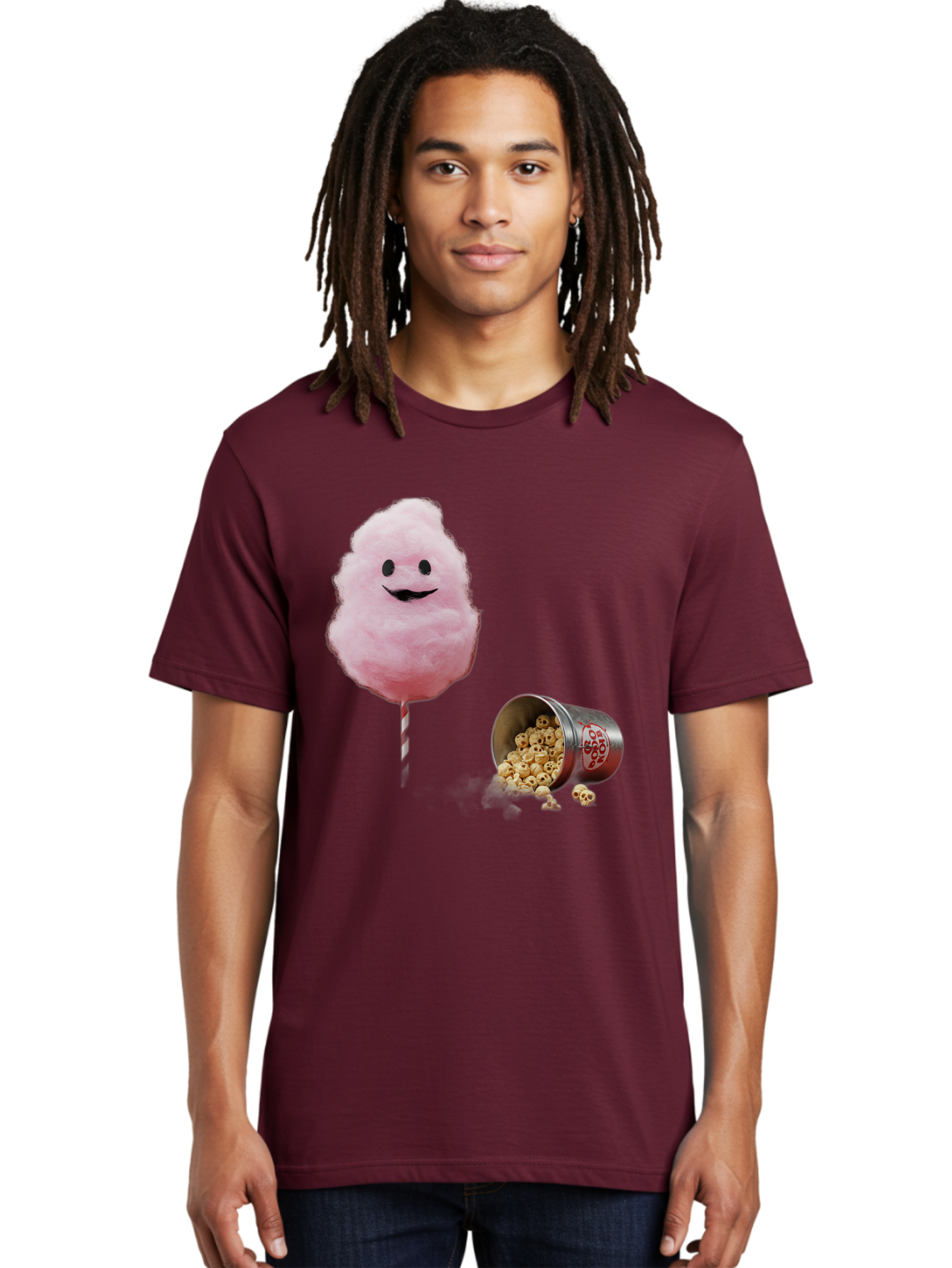 Cotton-Candy-16 Men'S Graphic Tee, 100% Cotton, Comfortable Casual Summer Wear, Machine Washable, Cartoon Cotton Candy With A Smiling Mouth, Cotton Candy On A Stick, Fun Food, Cartoon Snack, Popcorn Treat, Colorful Graphics, Playful Imagery, Bac909