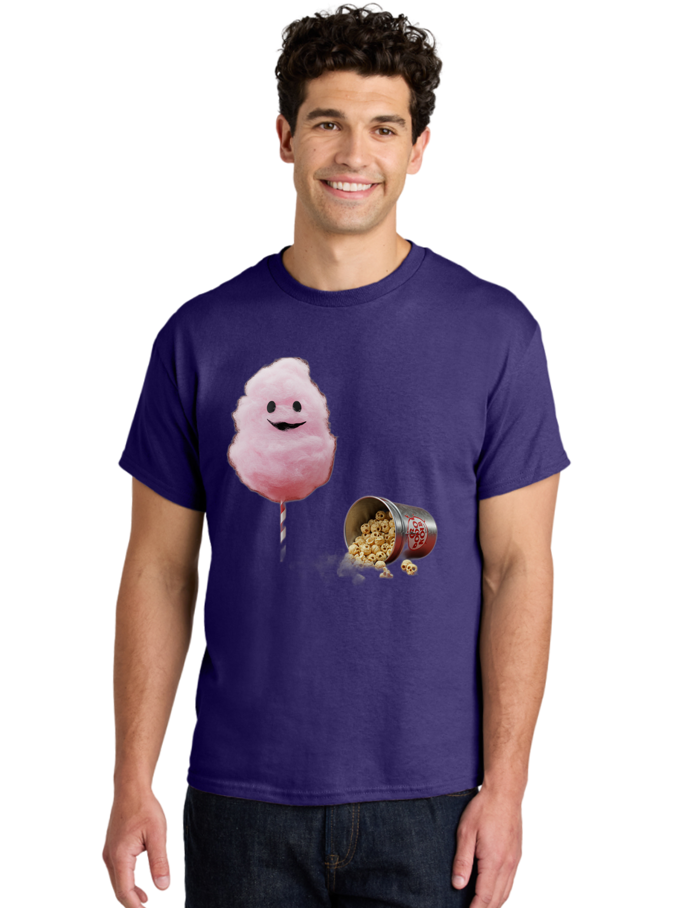 Cotton-Candy-16 Men'S Graphic Tee, 100% Cotton, Comfortable Casual Summer Wear, Machine Washable, Cartoon Cotton Candy With A Smiling Mouth, Cotton Candy On A Stick, Fun Food, Cartoon Snack, Popcorn Treat, Colorful Graphics, Playful Imagery, Bac909