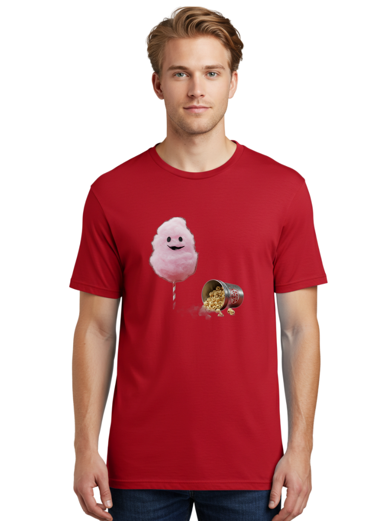 Cotton-Candy-16 Men'S Graphic Tee, 100% Cotton, Comfortable Casual Summer Wear, Machine Washable, Cartoon Cotton Candy With A Smiling Mouth, Cotton Candy On A Stick, Fun Food, Cartoon Snack, Popcorn Treat, Colorful Graphics, Playful Imagery, Bac909