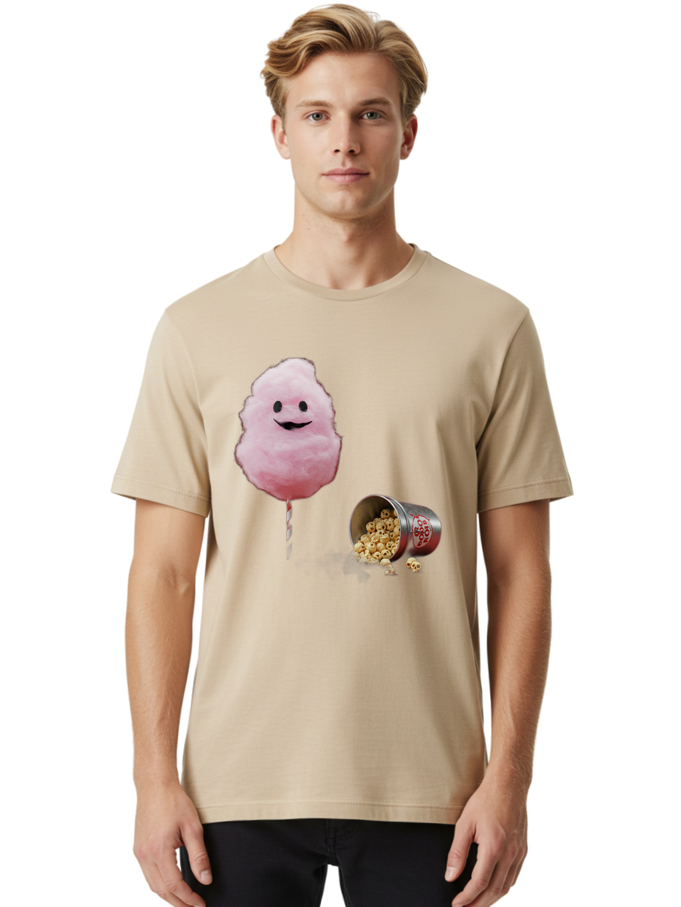 Cotton-Candy-16 Men'S Graphic Tee, 100% Cotton, Comfortable Casual Summer Wear, Machine Washable, Cartoon Cotton Candy With A Smiling Mouth, Cotton Candy On A Stick, Fun Food, Cartoon Snack, Popcorn Treat, Colorful Graphics, Playful Imagery, Bac909