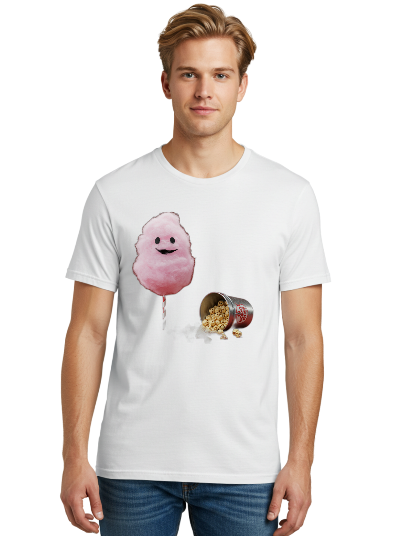 Cotton-Candy-16 Men'S Graphic Tee, 100% Cotton, Comfortable Casual Summer Wear, Machine Washable, Cartoon Cotton Candy With A Smiling Mouth, Cotton Candy On A Stick, Fun Food, Cartoon Snack, Popcorn Treat, Colorful Graphics, Playful Imagery, Bac909