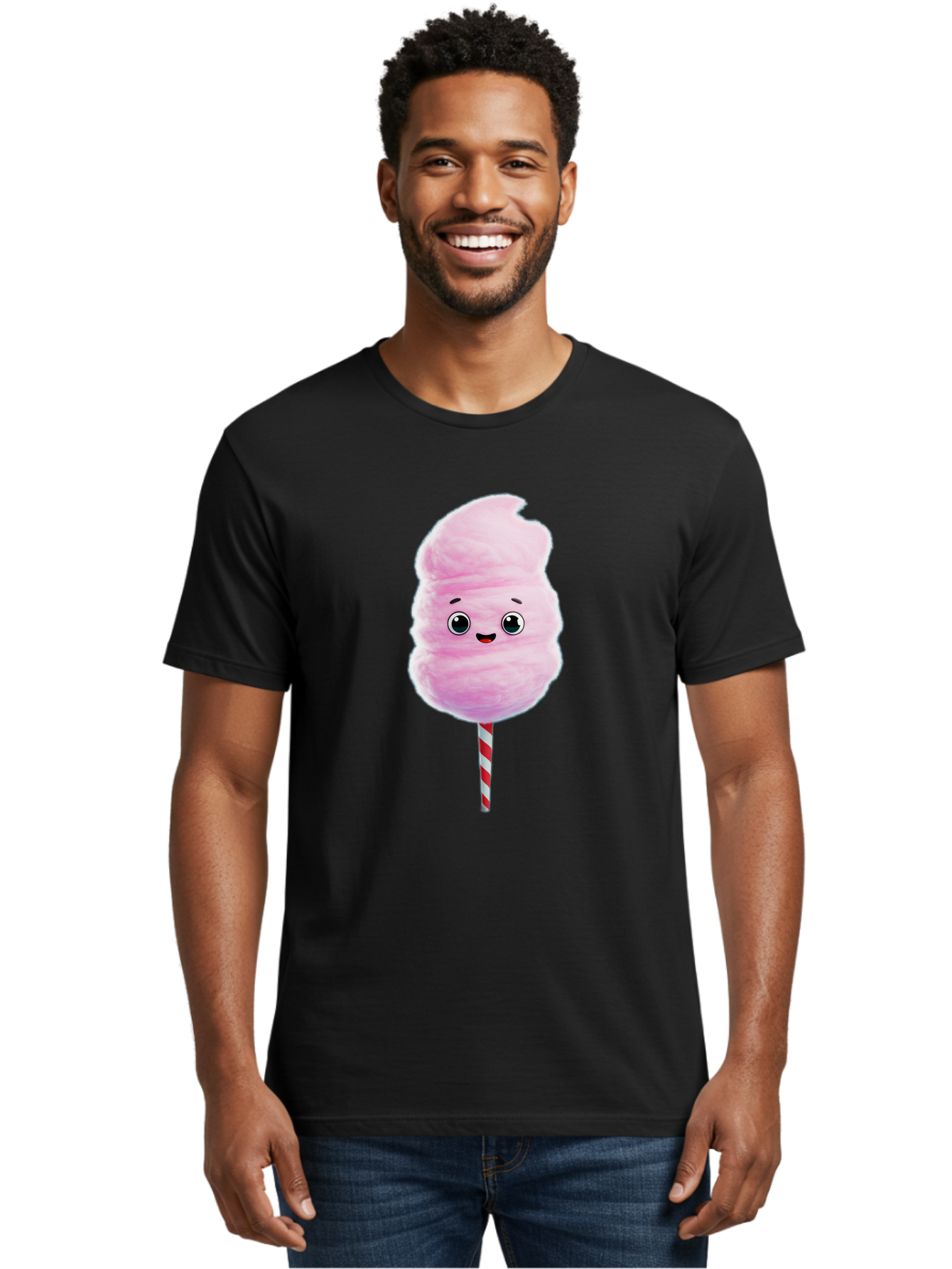 Cotton-Candy-4 Men'S Graphic Tee, 100% Cotton, Comfortable Casual Summer Wear, Machine Washable, Fluffy Pink Cotton Candy, Cartoon Character, Sweet Treat, Striped Stick, Cute Face, Happy Expression, Carnival Snack, Sugary Delight, Bac912