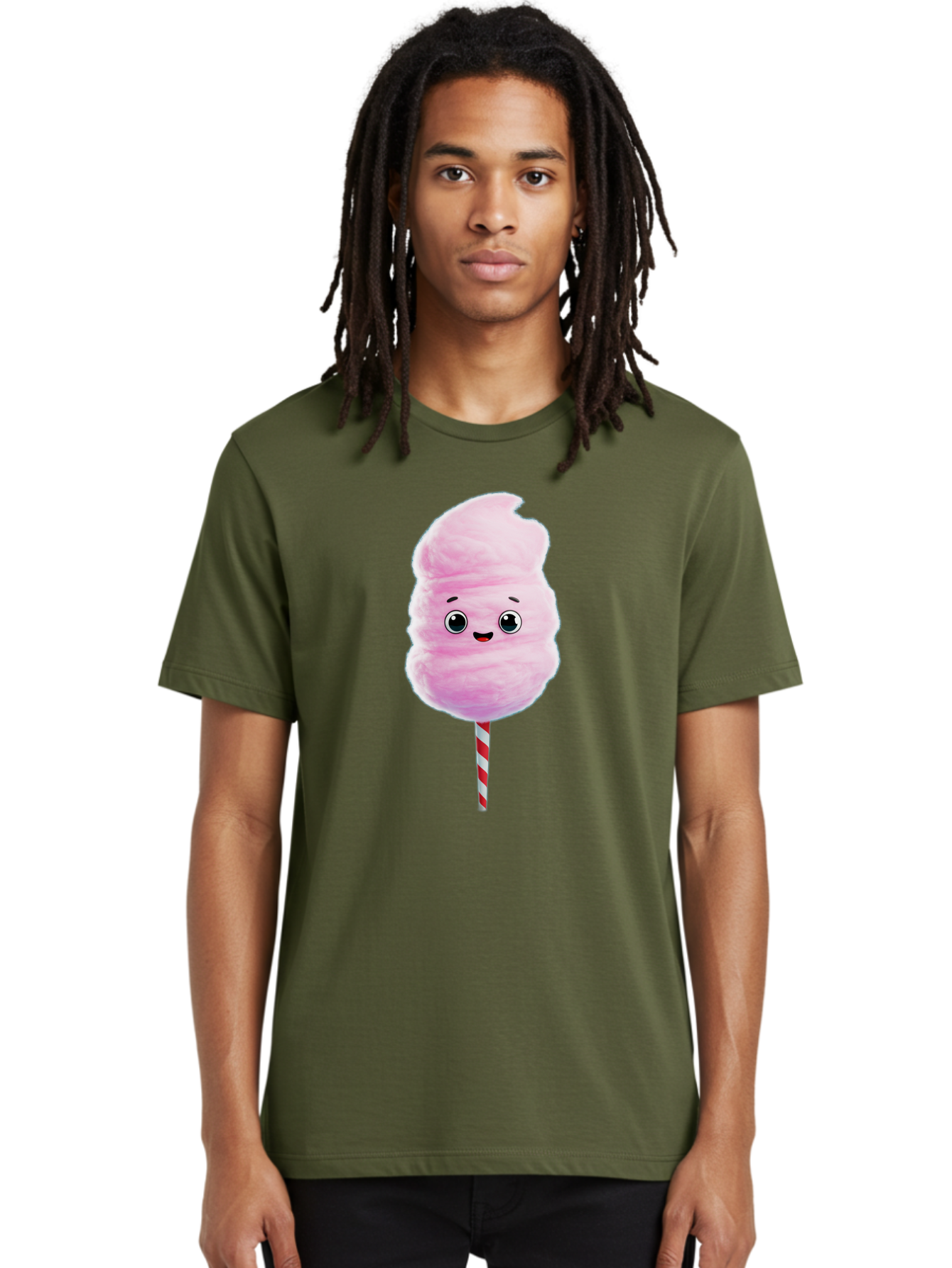 Cotton-Candy-4 Men'S Graphic Tee, 100% Cotton, Comfortable Casual Summer Wear, Machine Washable, Fluffy Pink Cotton Candy, Cartoon Character, Sweet Treat, Striped Stick, Cute Face, Happy Expression, Carnival Snack, Sugary Delight, Bac912