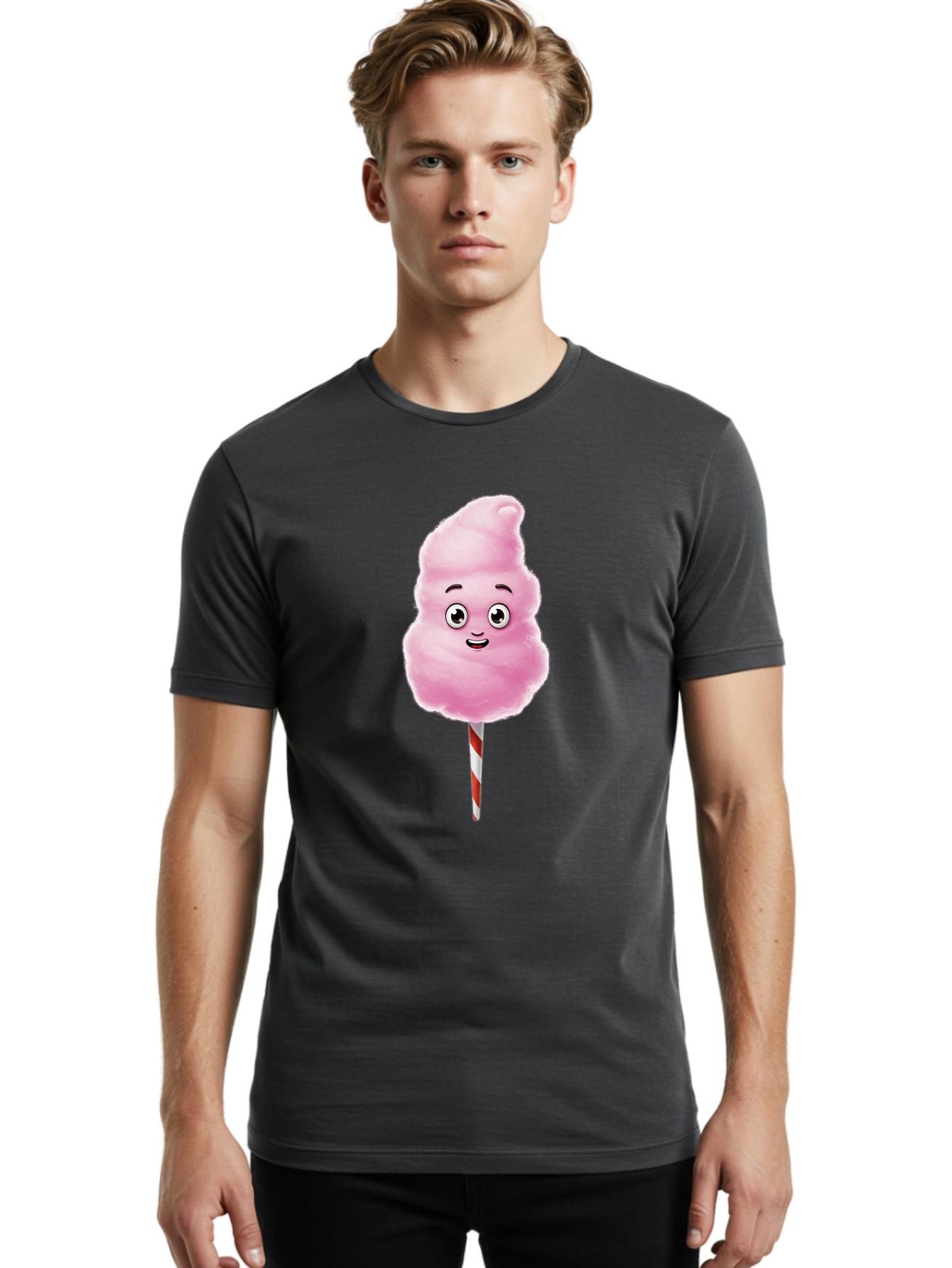 Cotton-Candy-7 Men'S Graphic Tee, 100% Cotton, Comfortable Casual Summer Wear, Machine Washable, Pink Cotton Candy, Cartoon Character, Smiling Face, Happy Eyes, Red And White Stick, Sweet Treat, Fluffy Texture, Cartoon Candy Bac915