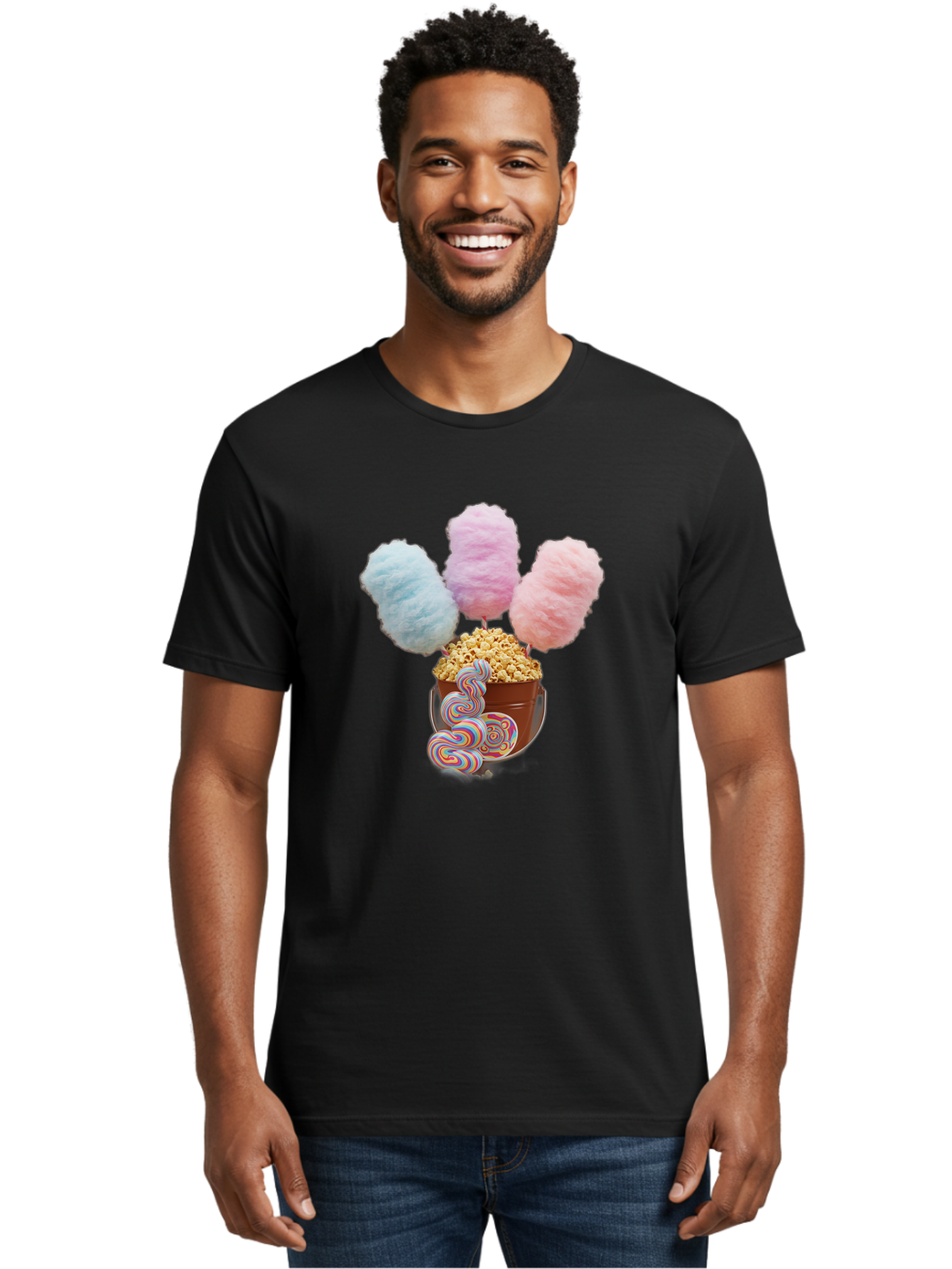 Cotton-Candy-And-Popcorn-1 Men'S Graphic Tee, 100% Cotton, Comfortable Casual Summer Wear, Machine Washable, Colorful Sweets, Sweet Treats, Cotton Candy, Popcorn, Rainbow Lollipops, Swirly Lollipops, Caramel Popcorn, Multi-Colored Candy, Bac918