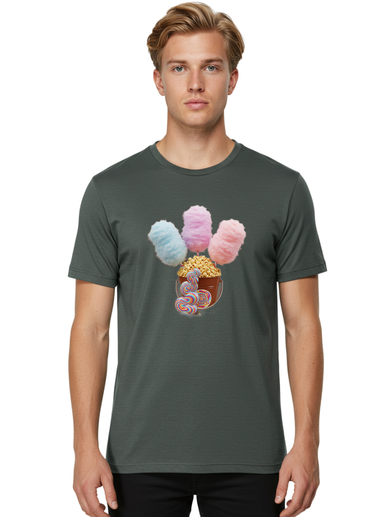 Cotton-Candy-And-Popcorn-1 Men'S Graphic Tee, 100% Cotton, Comfortable Casual Summer Wear, Machine Washable, Colorful Sweets, Sweet Treats, Cotton Candy, Popcorn, Rainbow Lollipops, Swirly Lollipops, Caramel Popcorn, Multi-Colored Candy, Bac918