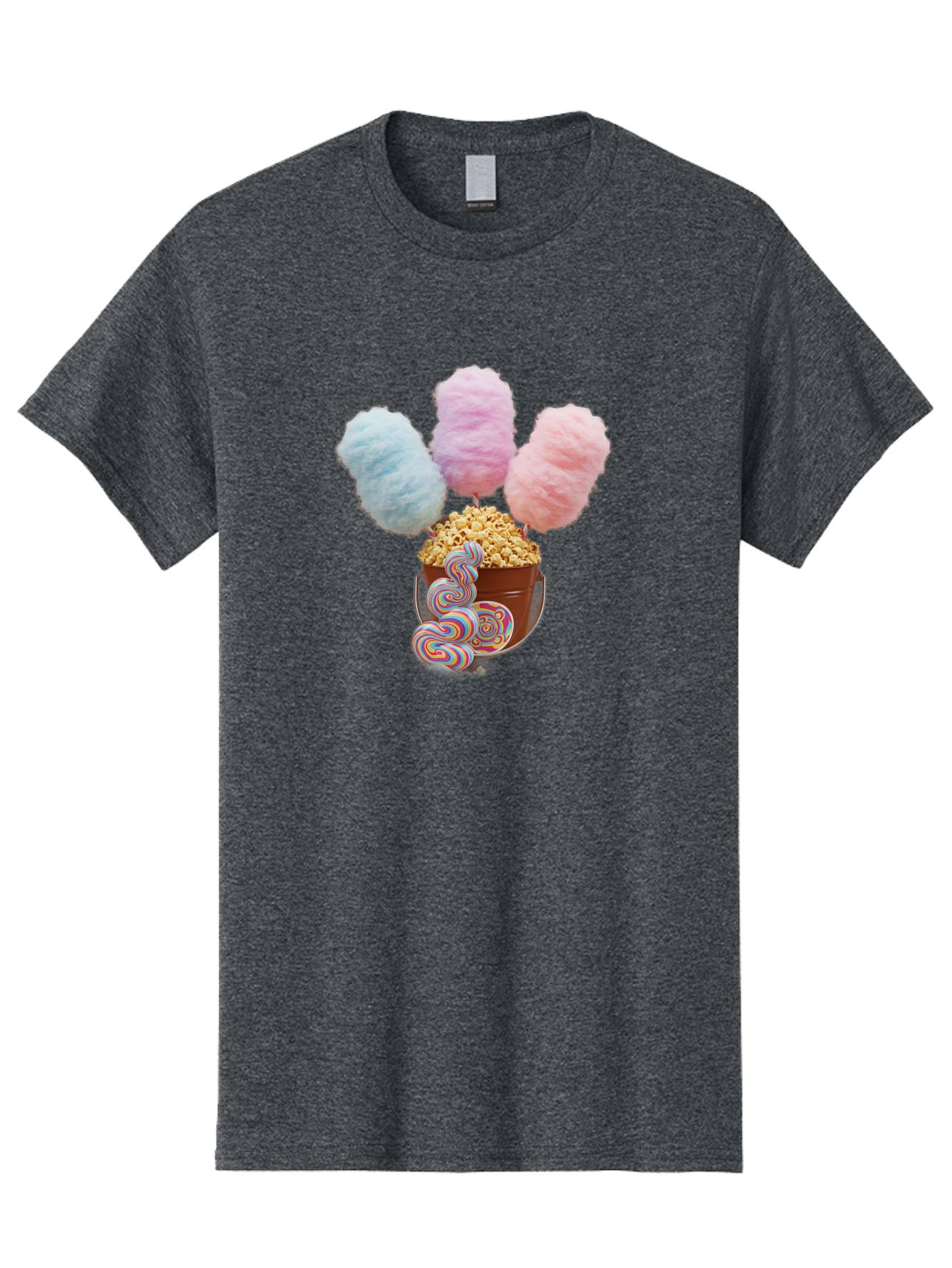 Cotton-Candy-And-Popcorn-1 Men'S Graphic Tee, 100% Cotton, Comfortable Casual Summer Wear, Machine Washable, Colorful Sweets, Sweet Treats, Cotton Candy, Popcorn, Rainbow Lollipops, Swirly Lollipops, Caramel Popcorn, Multi-Colored Candy, Bac918