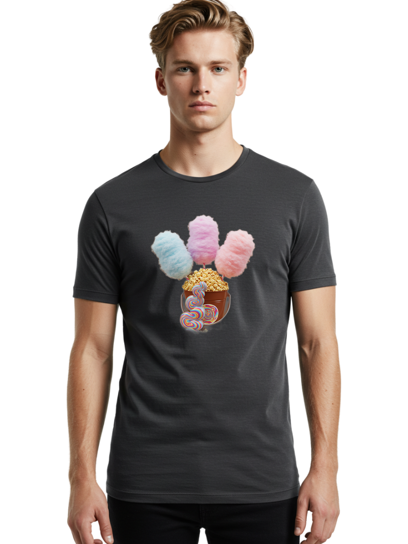 Cotton-Candy-And-Popcorn-1 Men'S Graphic Tee, 100% Cotton, Comfortable Casual Summer Wear, Machine Washable, Colorful Sweets, Sweet Treats, Cotton Candy, Popcorn, Rainbow Lollipops, Swirly Lollipops, Caramel Popcorn, Multi-Colored Candy, Bac918