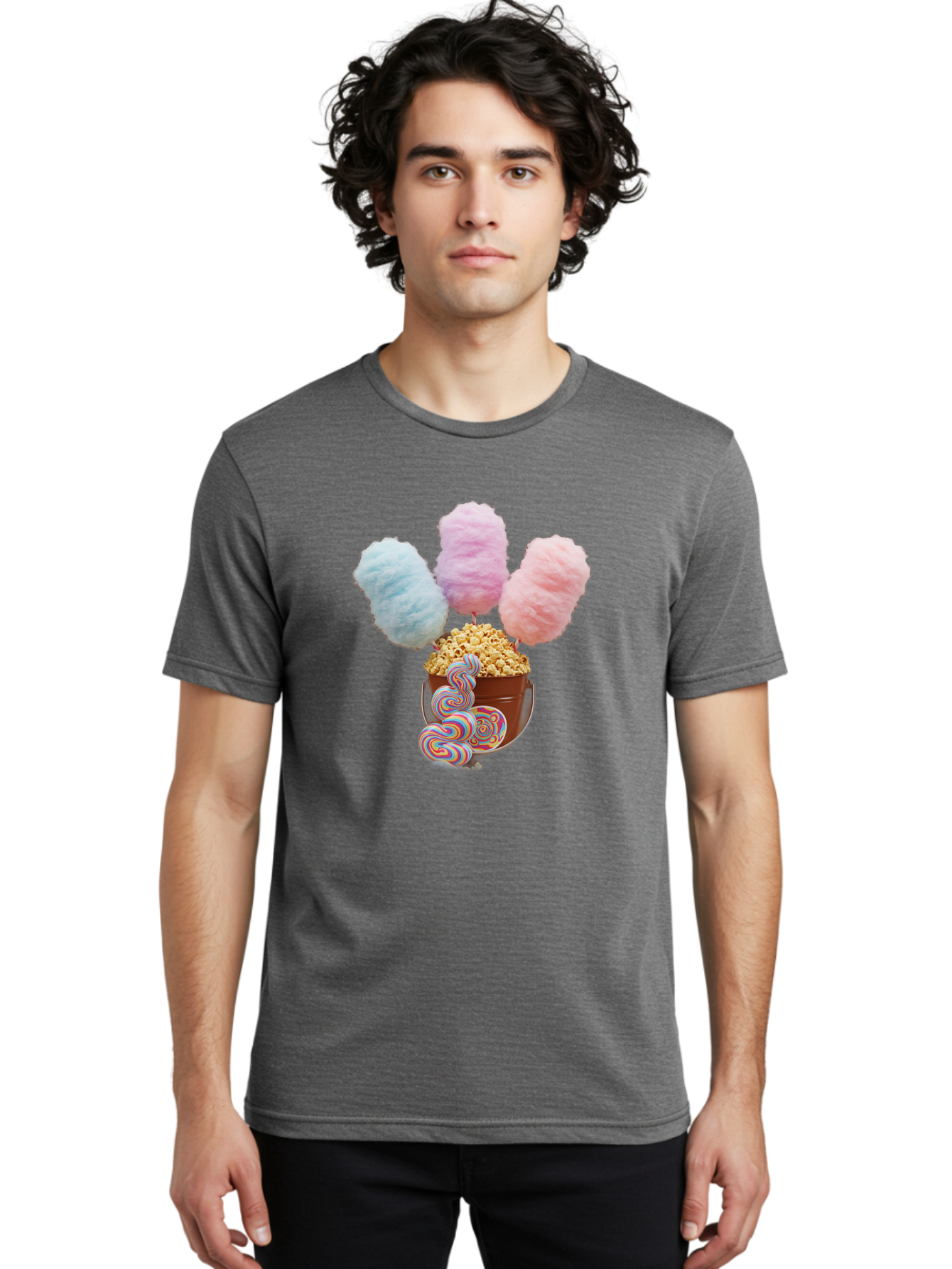 Cotton-Candy-And-Popcorn-1 Men'S Graphic Tee, 100% Cotton, Comfortable Casual Summer Wear, Machine Washable, Colorful Sweets, Sweet Treats, Cotton Candy, Popcorn, Rainbow Lollipops, Swirly Lollipops, Caramel Popcorn, Multi-Colored Candy, Bac918