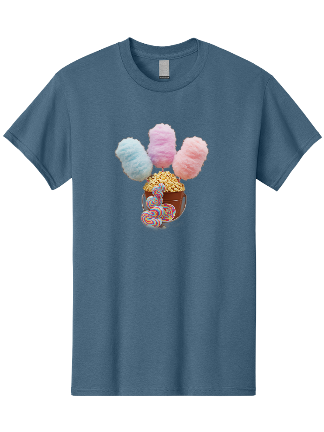 Cotton-Candy-And-Popcorn-1 Men'S Graphic Tee, 100% Cotton, Comfortable Casual Summer Wear, Machine Washable, Colorful Sweets, Sweet Treats, Cotton Candy, Popcorn, Rainbow Lollipops, Swirly Lollipops, Caramel Popcorn, Multi-Colored Candy, Bac918