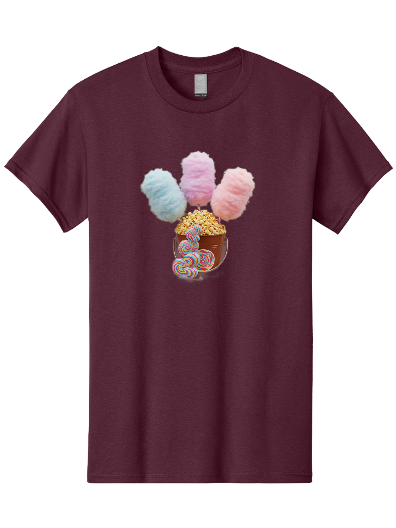 Cotton-Candy-And-Popcorn-1 Men'S Graphic Tee, 100% Cotton, Comfortable Casual Summer Wear, Machine Washable, Colorful Sweets, Sweet Treats, Cotton Candy, Popcorn, Rainbow Lollipops, Swirly Lollipops, Caramel Popcorn, Multi-Colored Candy, Bac918