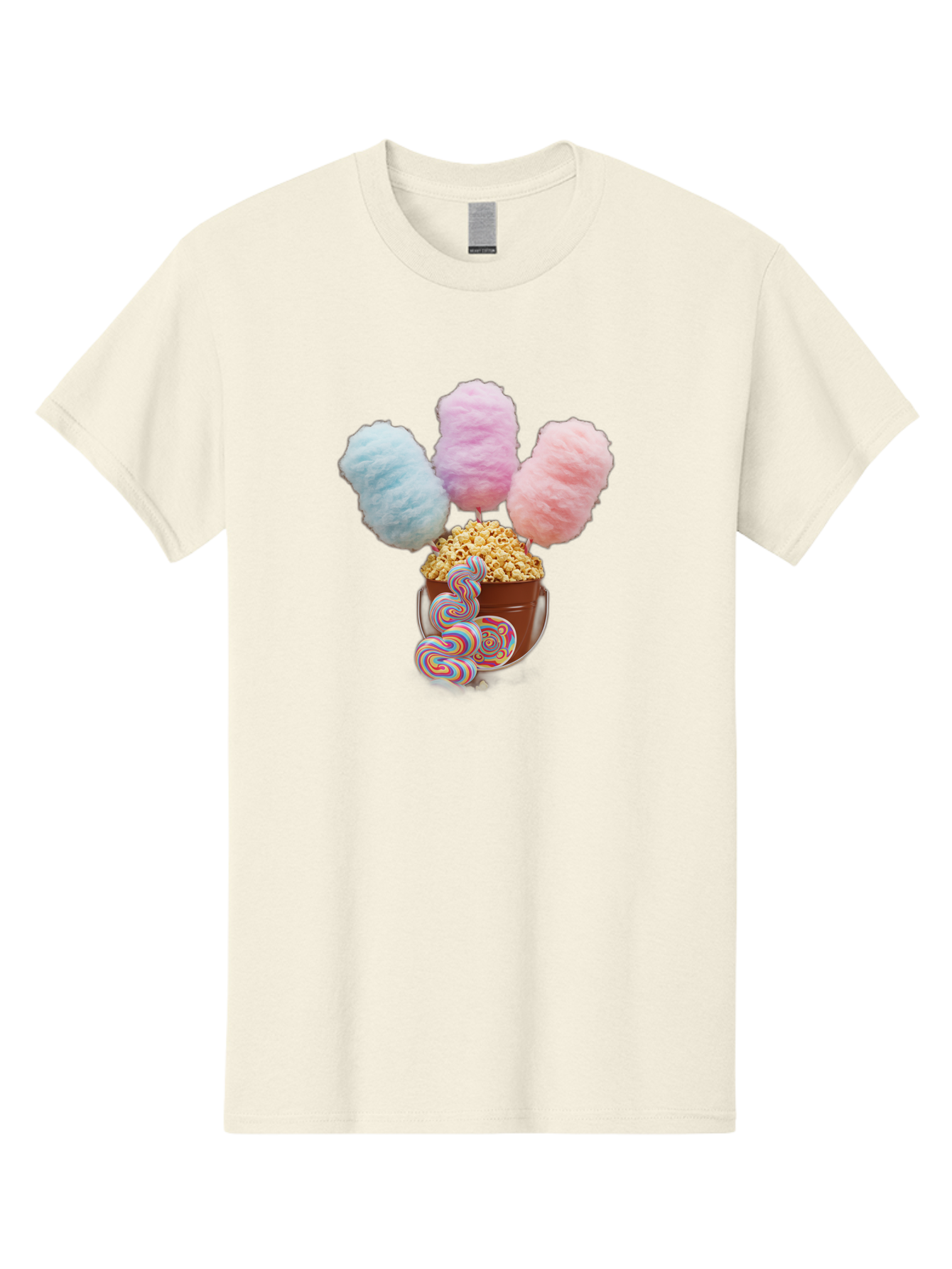 Cotton-Candy-And-Popcorn-1 Men'S Graphic Tee, 100% Cotton, Comfortable Casual Summer Wear, Machine Washable, Colorful Sweets, Sweet Treats, Cotton Candy, Popcorn, Rainbow Lollipops, Swirly Lollipops, Caramel Popcorn, Multi-Colored Candy, Bac918