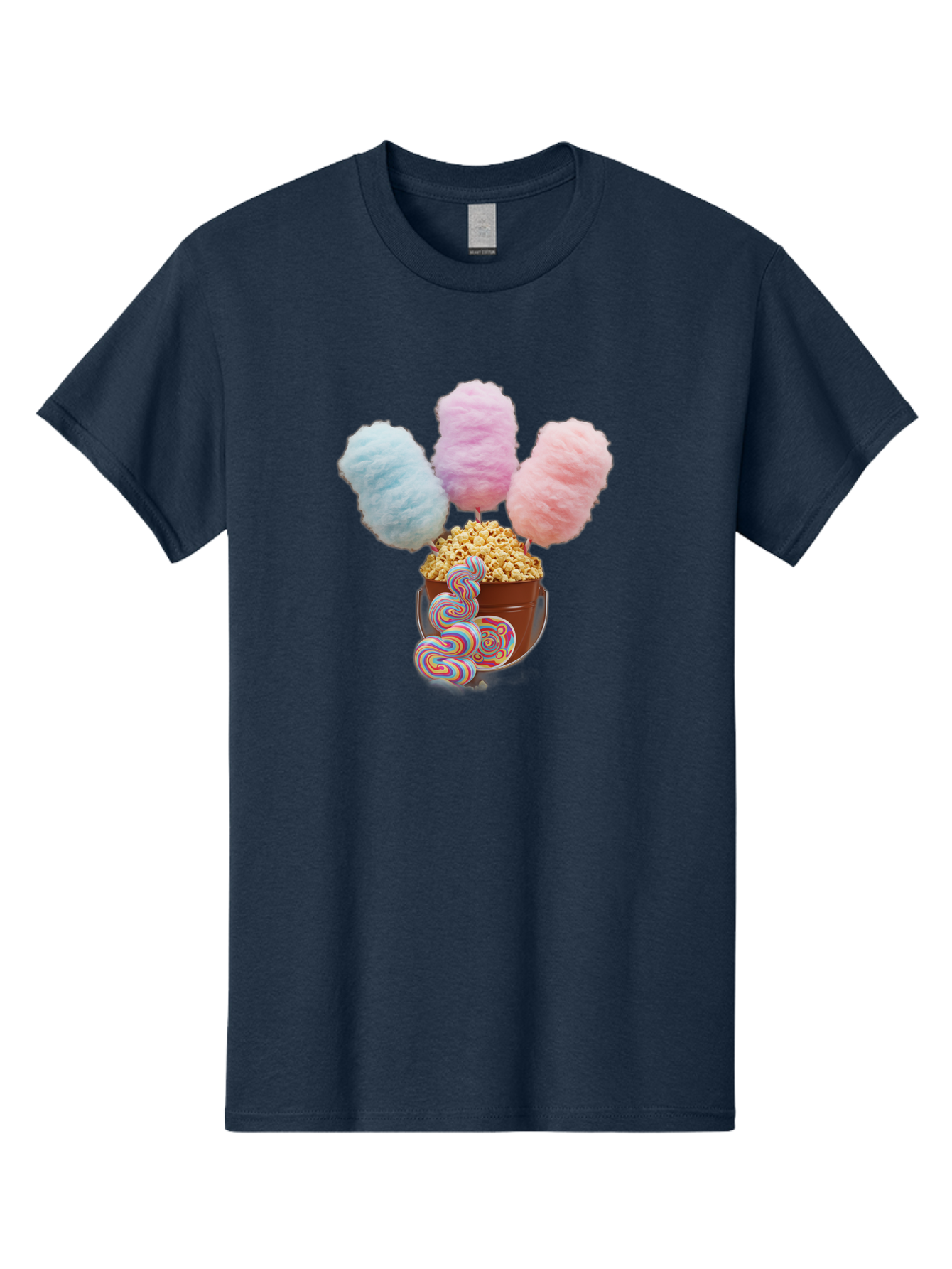 Cotton-Candy-And-Popcorn-1 Men'S Graphic Tee, 100% Cotton, Comfortable Casual Summer Wear, Machine Washable, Colorful Sweets, Sweet Treats, Cotton Candy, Popcorn, Rainbow Lollipops, Swirly Lollipops, Caramel Popcorn, Multi-Colored Candy, Bac918