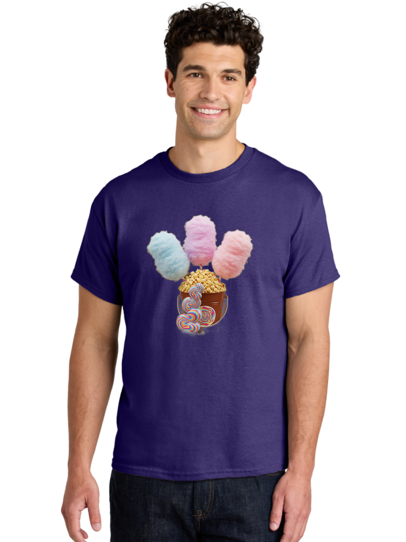 Cotton-Candy-And-Popcorn-1 Men'S Graphic Tee, 100% Cotton, Comfortable Casual Summer Wear, Machine Washable, Colorful Sweets, Sweet Treats, Cotton Candy, Popcorn, Rainbow Lollipops, Swirly Lollipops, Caramel Popcorn, Multi-Colored Candy, Bac918