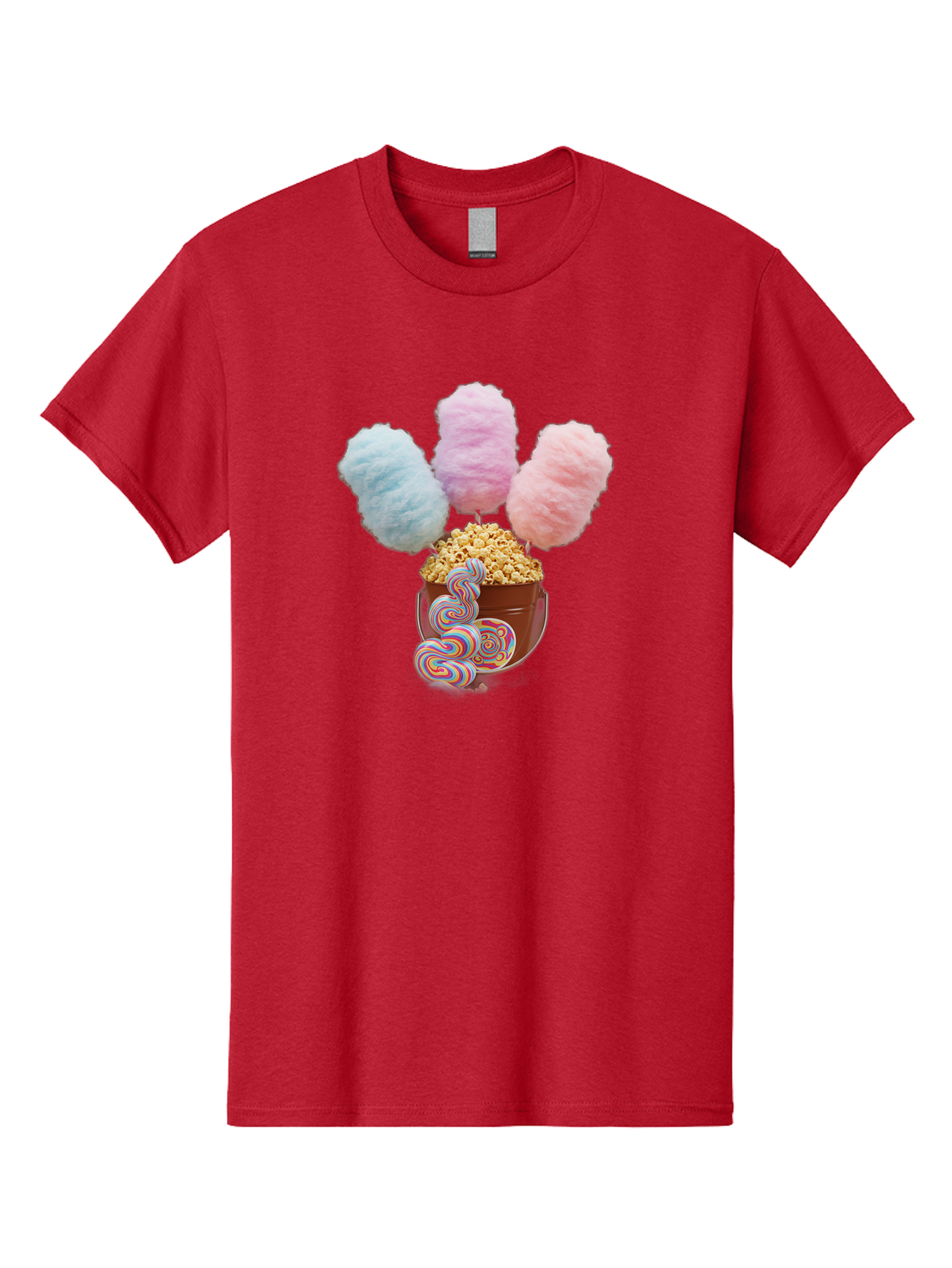 Cotton-Candy-And-Popcorn-1 Men'S Graphic Tee, 100% Cotton, Comfortable Casual Summer Wear, Machine Washable, Colorful Sweets, Sweet Treats, Cotton Candy, Popcorn, Rainbow Lollipops, Swirly Lollipops, Caramel Popcorn, Multi-Colored Candy, Bac918