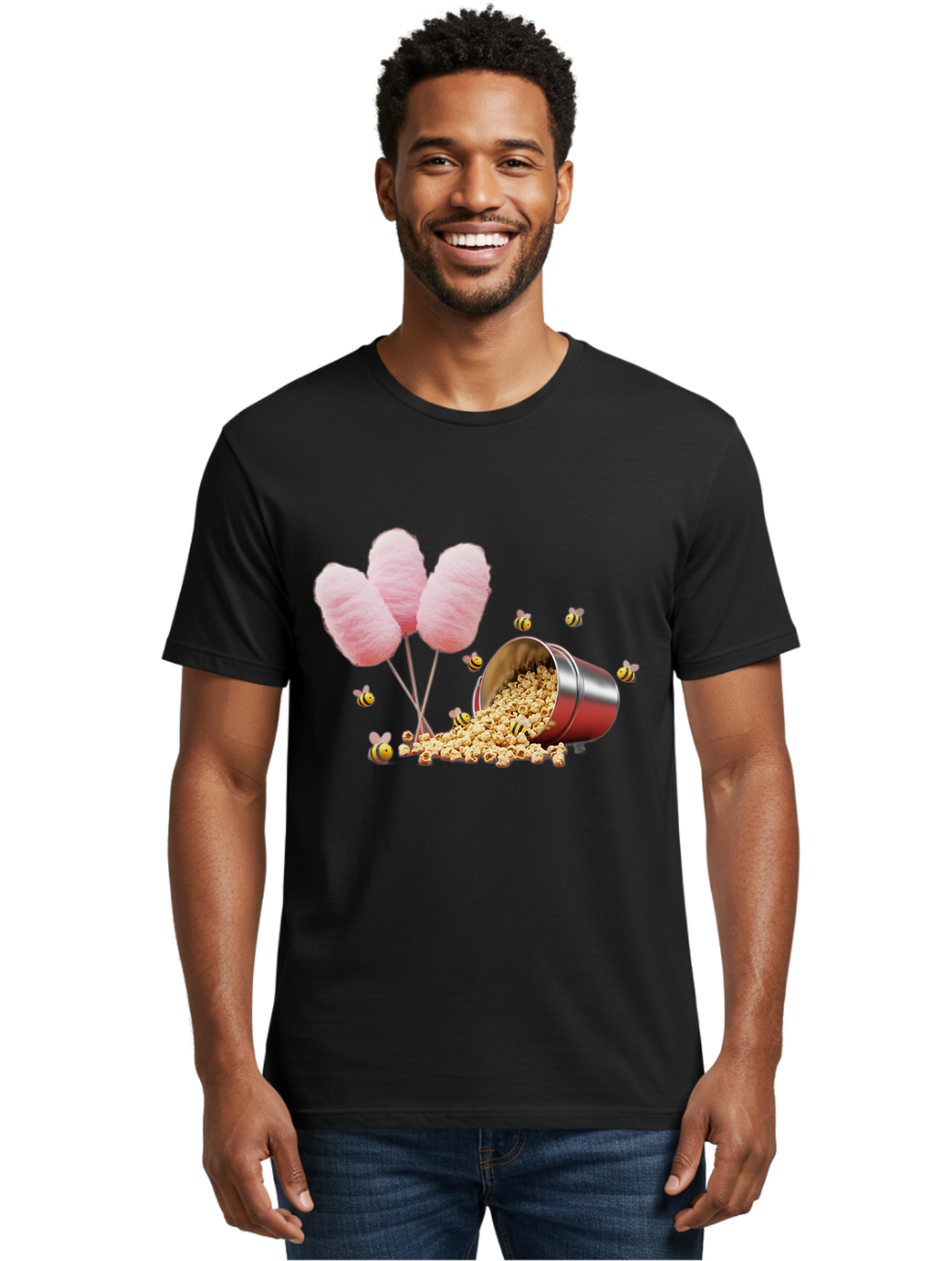 Cotton-Candy-And-Popcorn Men'S Graphic Tee, 100% Cotton, Comfortable Casual Summer Wear, Machine Washable, Cotton Candy, Popcorn, Bees, Sweet Treats, Party Snacks, Carnival Food, Delicious Desserts, Yellow And Black Bees, Fluffy Cotton Candy Bac919