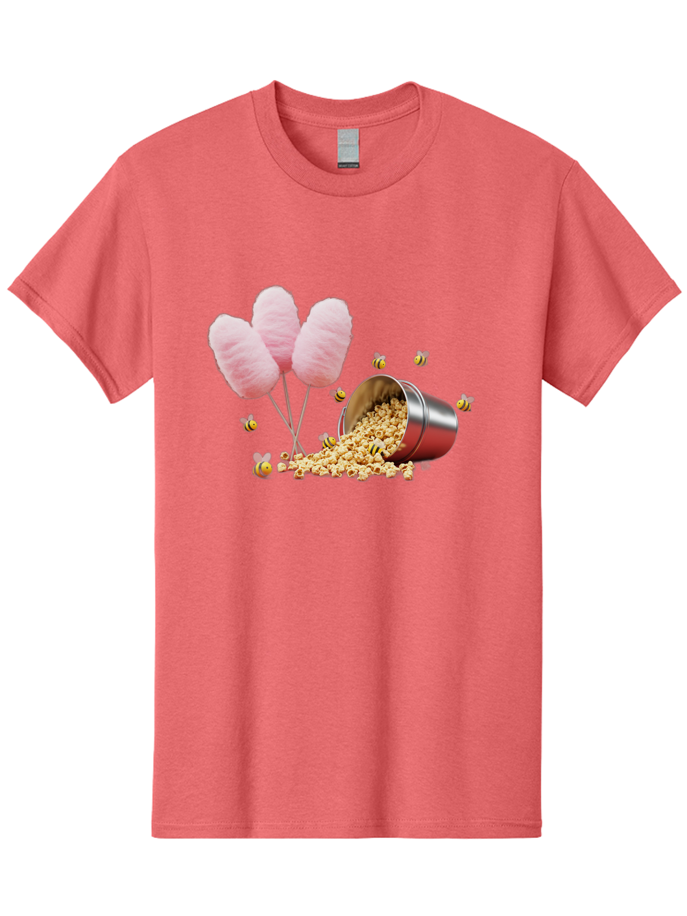 Cotton-Candy-And-Popcorn Men'S Graphic Tee, 100% Cotton, Comfortable Casual Summer Wear, Machine Washable, Cotton Candy, Popcorn, Bees, Sweet Treats, Party Snacks, Carnival Food, Delicious Desserts, Yellow And Black Bees, Fluffy Cotton Candy Bac919
