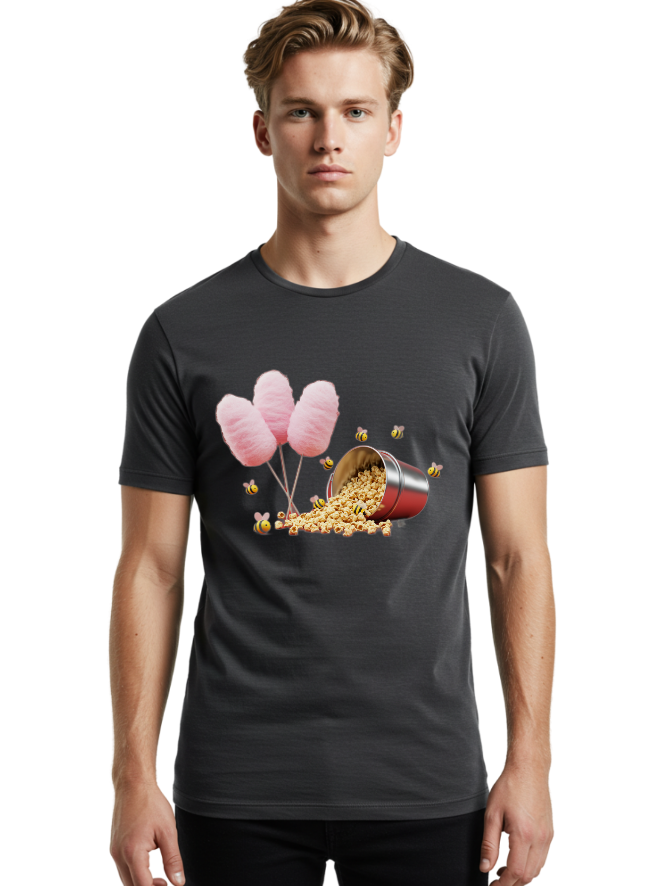 Cotton-Candy-And-Popcorn Men'S Graphic Tee, 100% Cotton, Comfortable Casual Summer Wear, Machine Washable, Cotton Candy, Popcorn, Bees, Sweet Treats, Party Snacks, Carnival Food, Delicious Desserts, Yellow And Black Bees, Fluffy Cotton Candy Bac919