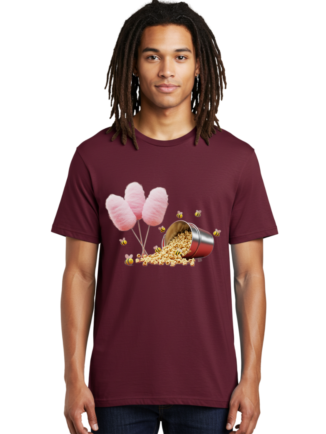 Cotton-Candy-And-Popcorn Men'S Graphic Tee, 100% Cotton, Comfortable Casual Summer Wear, Machine Washable, Cotton Candy, Popcorn, Bees, Sweet Treats, Party Snacks, Carnival Food, Delicious Desserts, Yellow And Black Bees, Fluffy Cotton Candy Bac919