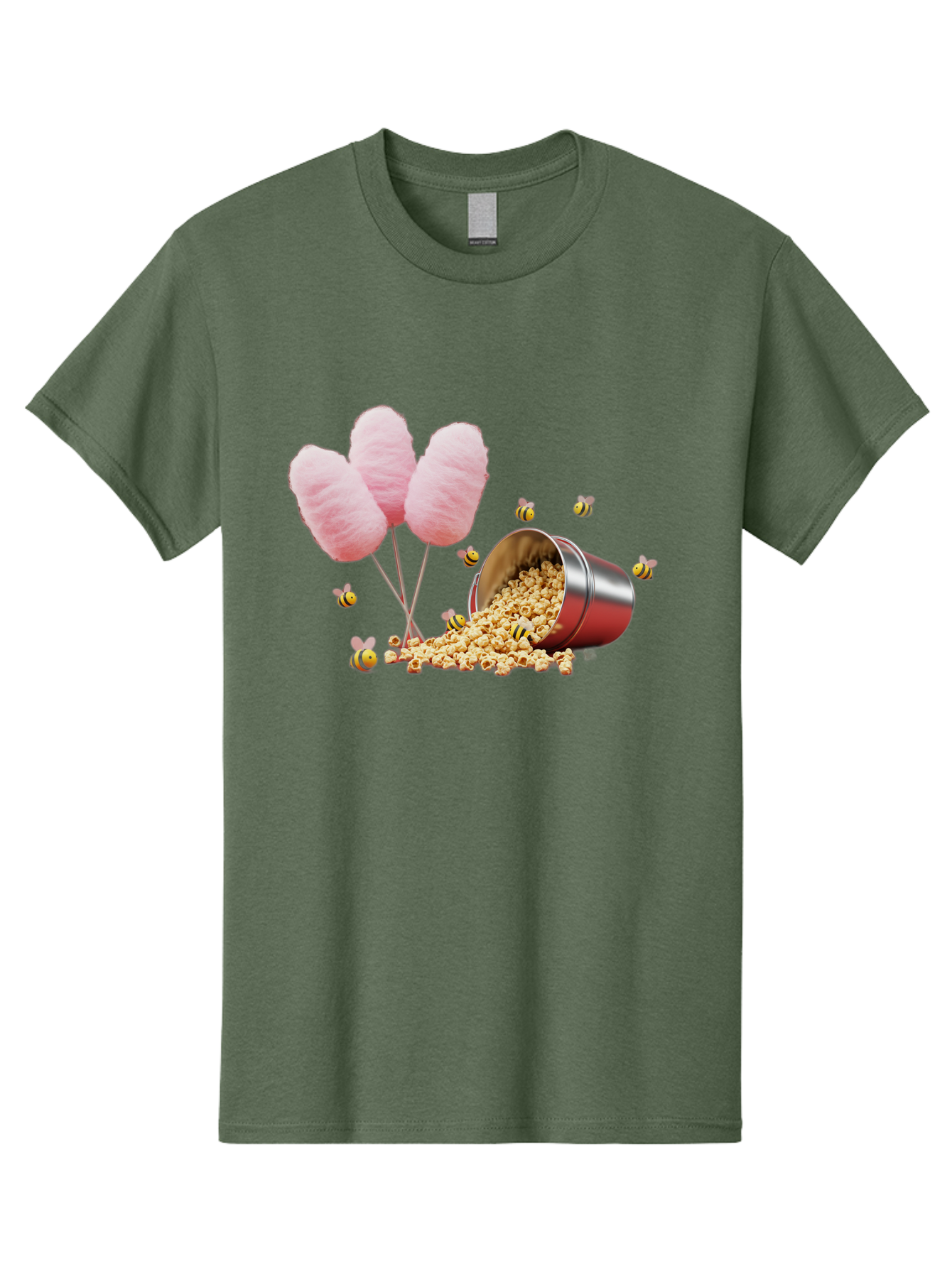 Cotton-Candy-And-Popcorn Men'S Graphic Tee, 100% Cotton, Comfortable Casual Summer Wear, Machine Washable, Cotton Candy, Popcorn, Bees, Sweet Treats, Party Snacks, Carnival Food, Delicious Desserts, Yellow And Black Bees, Fluffy Cotton Candy Bac919