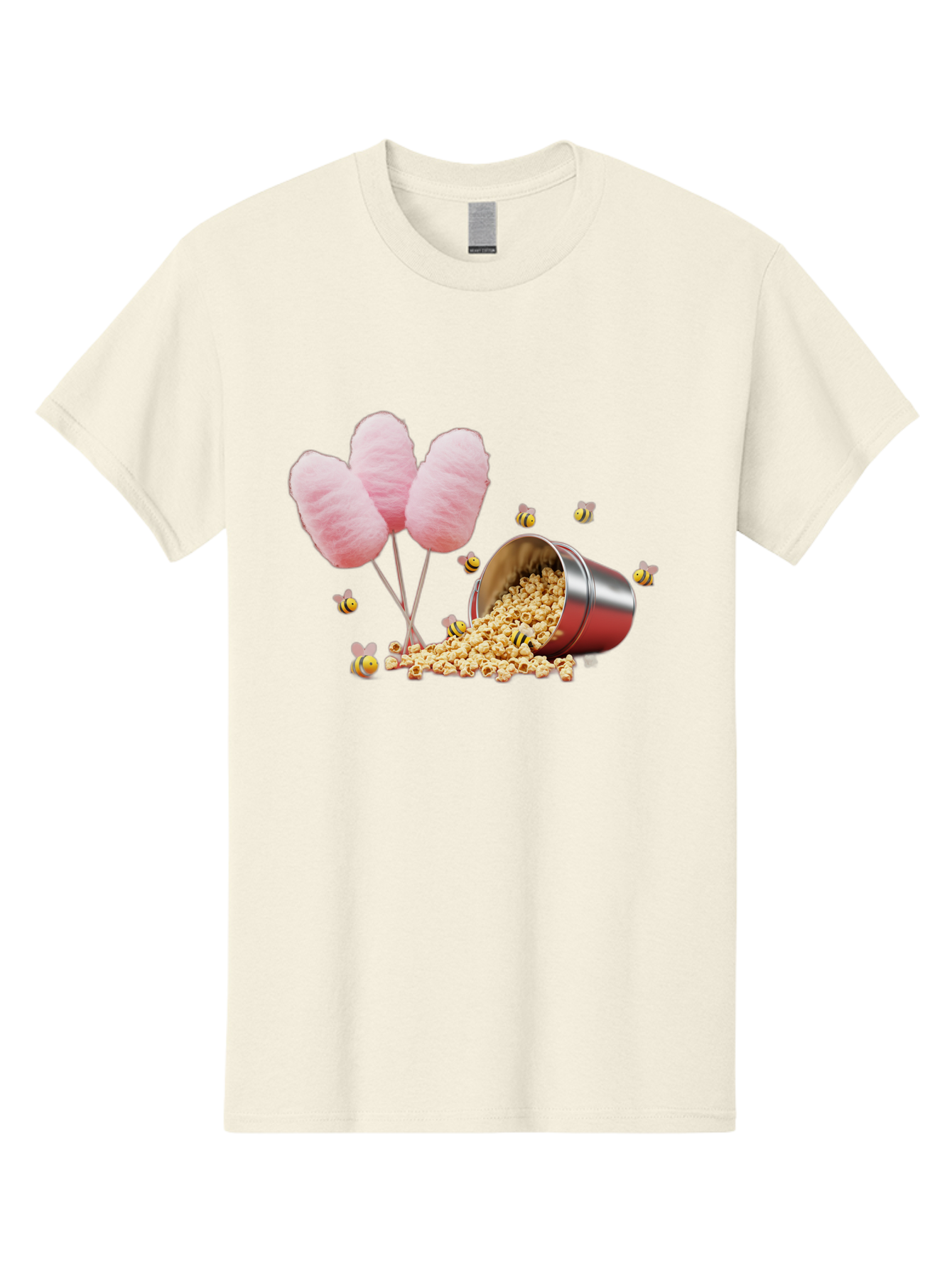 Cotton-Candy-And-Popcorn Men'S Graphic Tee, 100% Cotton, Comfortable Casual Summer Wear, Machine Washable, Cotton Candy, Popcorn, Bees, Sweet Treats, Party Snacks, Carnival Food, Delicious Desserts, Yellow And Black Bees, Fluffy Cotton Candy Bac919