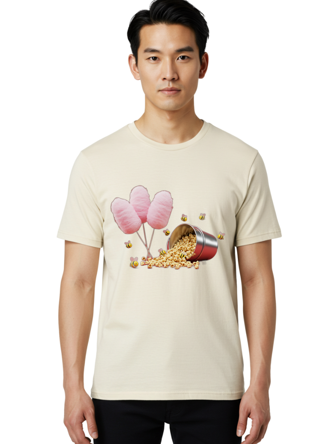 Cotton-Candy-And-Popcorn Men'S Graphic Tee, 100% Cotton, Comfortable Casual Summer Wear, Machine Washable, Cotton Candy, Popcorn, Bees, Sweet Treats, Party Snacks, Carnival Food, Delicious Desserts, Yellow And Black Bees, Fluffy Cotton Candy Bac919