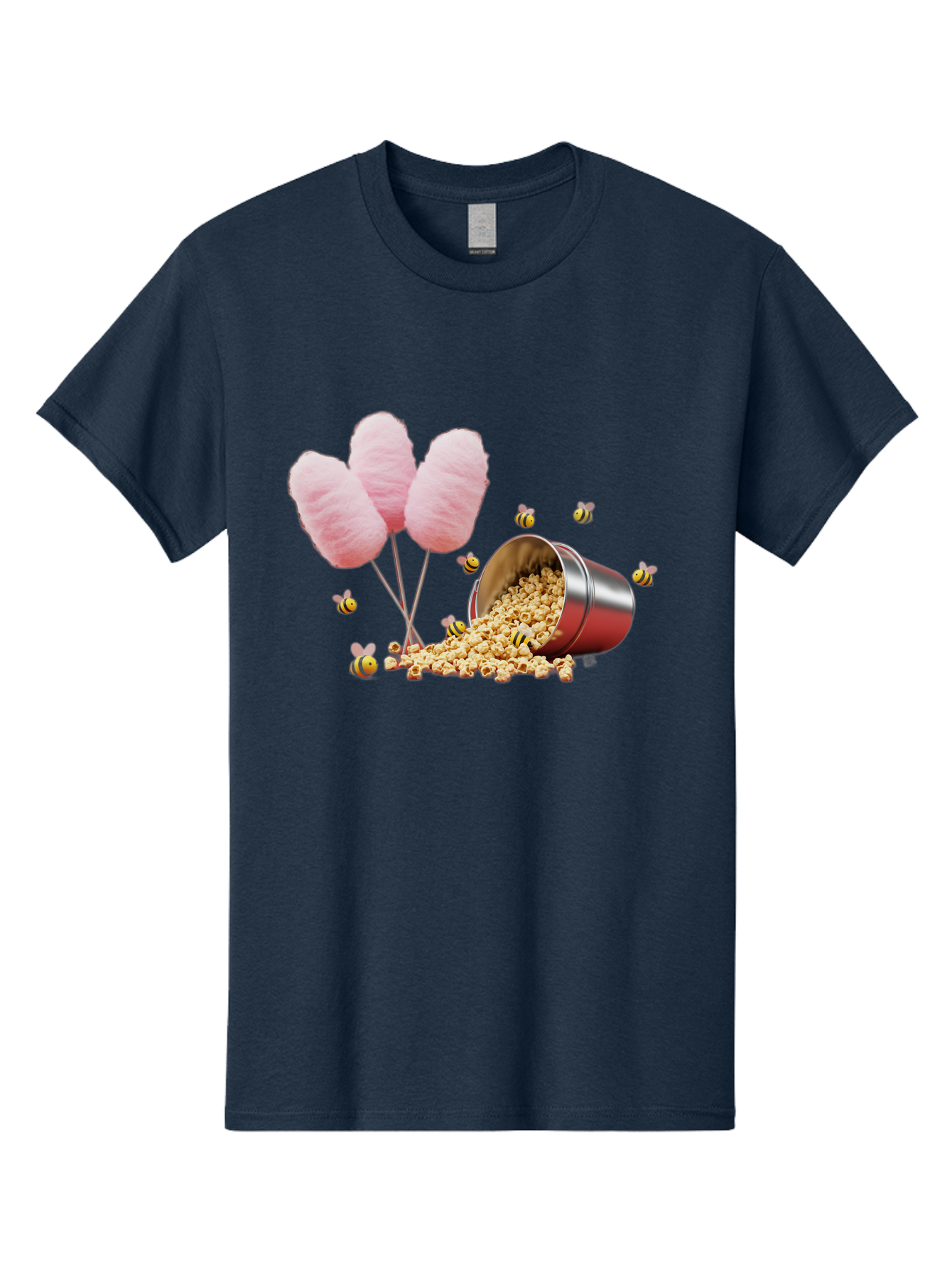 Cotton-Candy-And-Popcorn Men'S Graphic Tee, 100% Cotton, Comfortable Casual Summer Wear, Machine Washable, Cotton Candy, Popcorn, Bees, Sweet Treats, Party Snacks, Carnival Food, Delicious Desserts, Yellow And Black Bees, Fluffy Cotton Candy Bac919