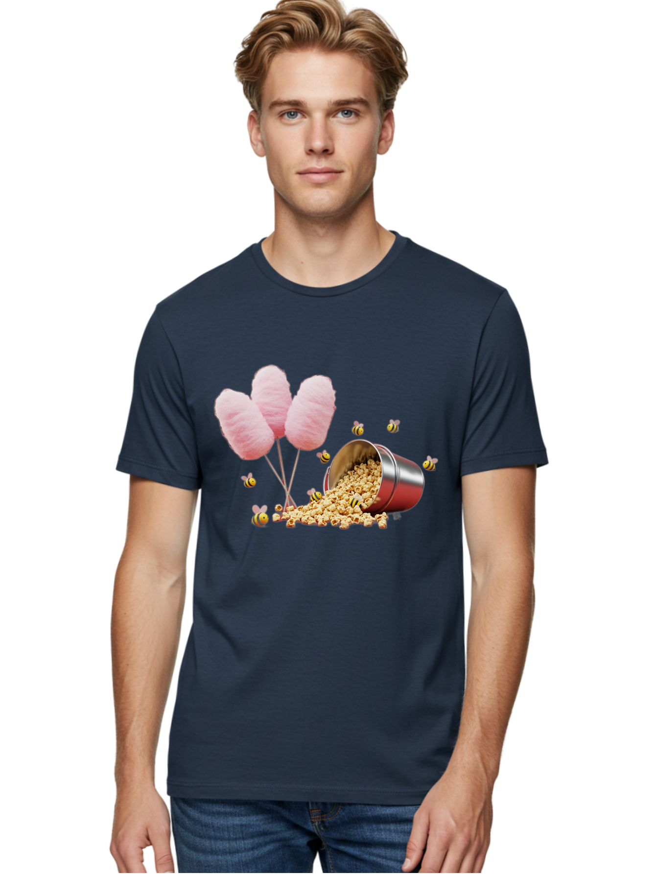 Cotton-Candy-And-Popcorn Men'S Graphic Tee, 100% Cotton, Comfortable Casual Summer Wear, Machine Washable, Cotton Candy, Popcorn, Bees, Sweet Treats, Party Snacks, Carnival Food, Delicious Desserts, Yellow And Black Bees, Fluffy Cotton Candy Bac919