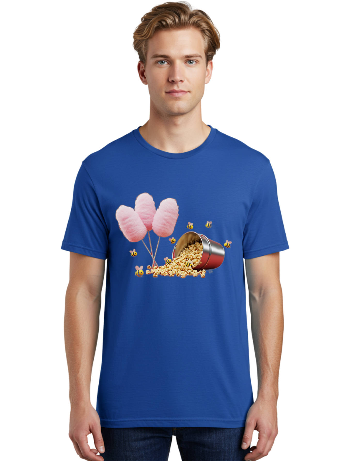 Cotton-Candy-And-Popcorn Men'S Graphic Tee, 100% Cotton, Comfortable Casual Summer Wear, Machine Washable, Cotton Candy, Popcorn, Bees, Sweet Treats, Party Snacks, Carnival Food, Delicious Desserts, Yellow And Black Bees, Fluffy Cotton Candy Bac919