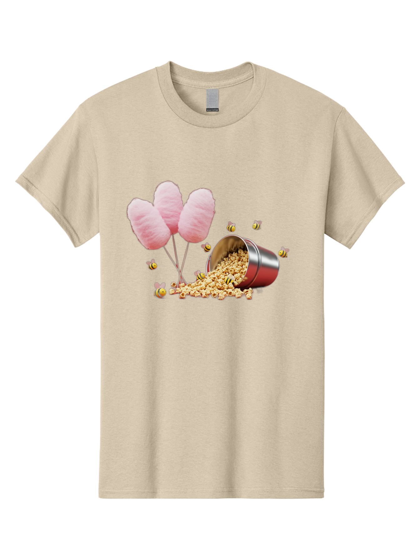 Cotton-Candy-And-Popcorn Men'S Graphic Tee, 100% Cotton, Comfortable Casual Summer Wear, Machine Washable, Cotton Candy, Popcorn, Bees, Sweet Treats, Party Snacks, Carnival Food, Delicious Desserts, Yellow And Black Bees, Fluffy Cotton Candy Bac919