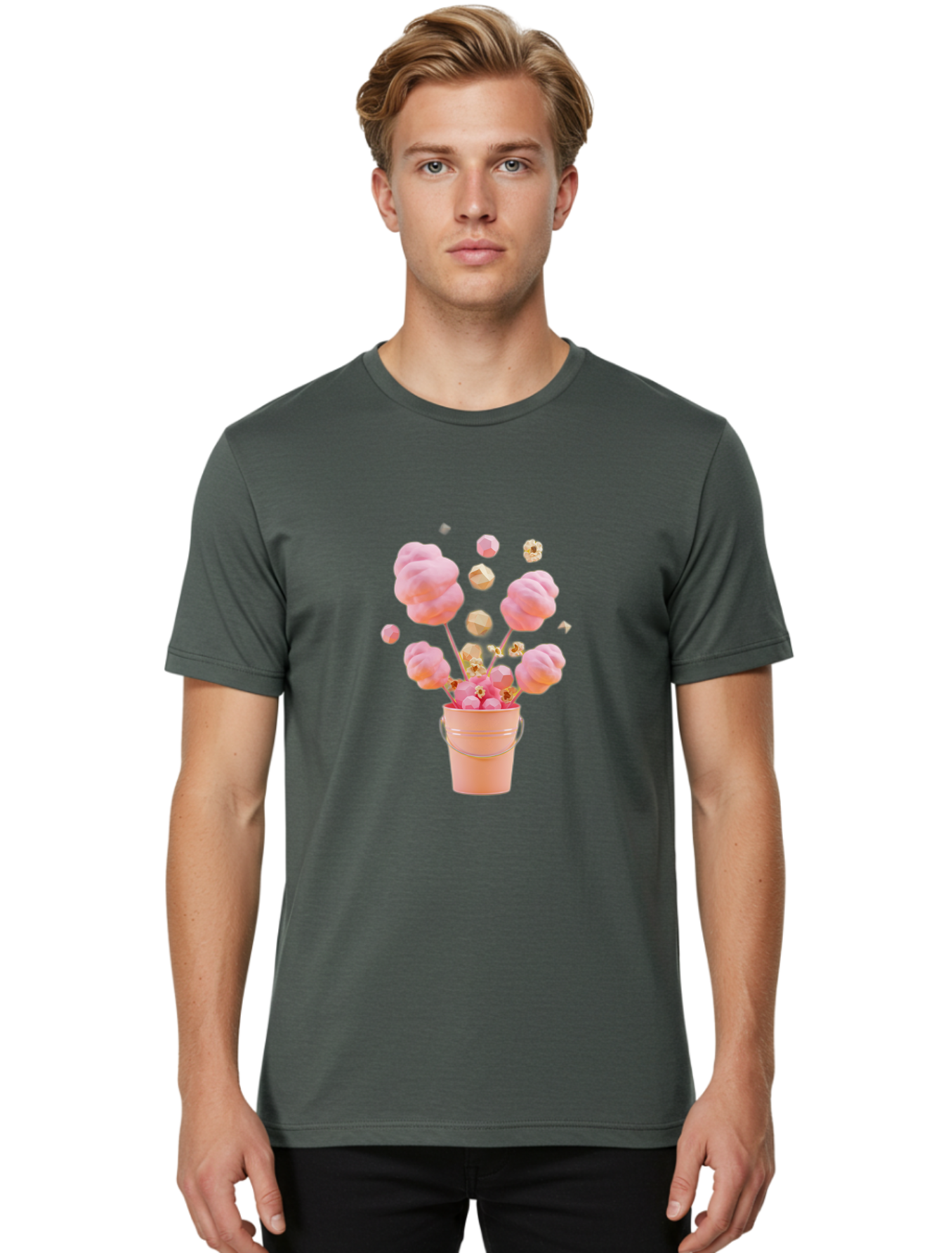 Cotton-Candy-Bucket Men'S Graphic Tee, 100% Cotton, Comfortable Casual Summer Wear, Machine Washable, Pink Cotton Candy, Candy In Bucket, Sweet Treats, Fluffy Candy, Cotton Candy, Sweet Pink, Candy Bucket, Colorful Candy, Whimsical Dessert Bac920