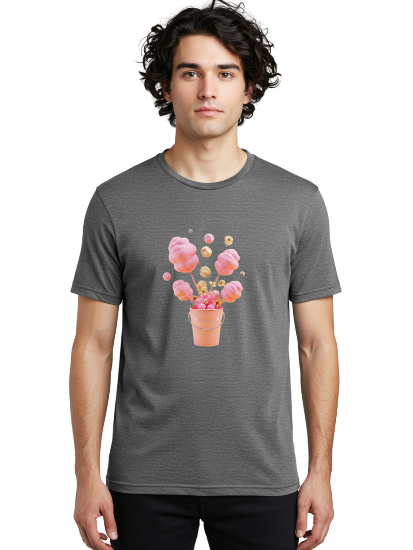 Cotton-Candy-Bucket Men'S Graphic Tee, 100% Cotton, Comfortable Casual Summer Wear, Machine Washable, Pink Cotton Candy, Candy In Bucket, Sweet Treats, Fluffy Candy, Cotton Candy, Sweet Pink, Candy Bucket, Colorful Candy, Whimsical Dessert Bac920