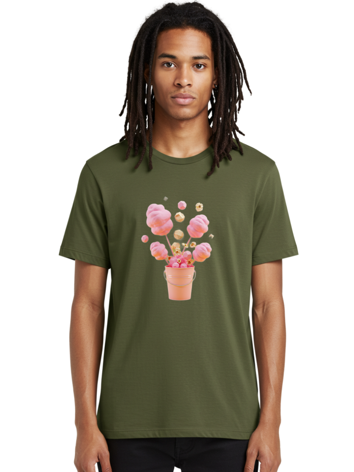 Cotton-Candy-Bucket Men'S Graphic Tee, 100% Cotton, Comfortable Casual Summer Wear, Machine Washable, Pink Cotton Candy, Candy In Bucket, Sweet Treats, Fluffy Candy, Cotton Candy, Sweet Pink, Candy Bucket, Colorful Candy, Whimsical Dessert Bac920