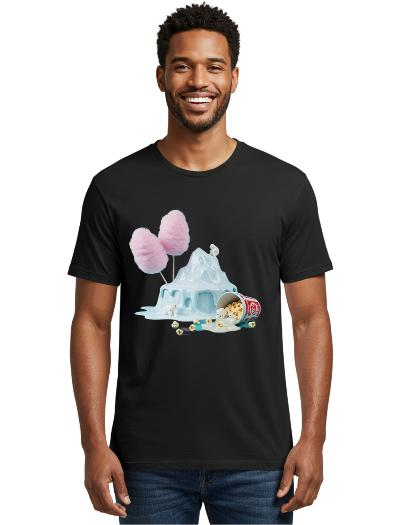 Cotton-Candy-Iceberg Men'S Graphic Tee, 100% Cotton, Comfortable Casual Summer Wear, Machine Washable, Melting Ice, Polar Bears, Popcorn, Cotton Candy, Climate Change, Global Warming, Surreal Scene, Melting Glacier, White Bears Bac921
