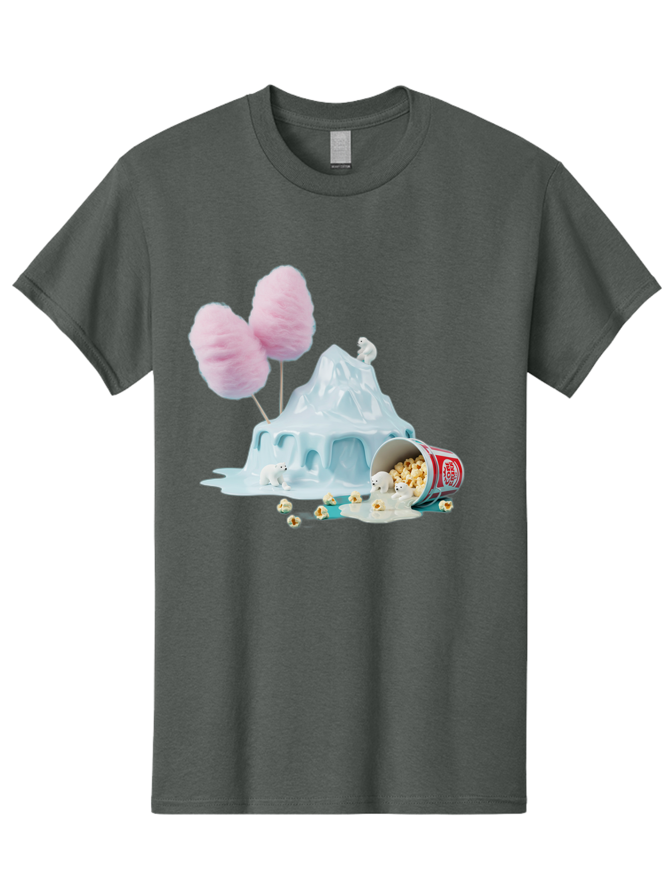 Cotton-Candy-Iceberg Men'S Graphic Tee, 100% Cotton, Comfortable Casual Summer Wear, Machine Washable, Melting Ice, Polar Bears, Popcorn, Cotton Candy, Climate Change, Global Warming, Surreal Scene, Melting Glacier, White Bears Bac921