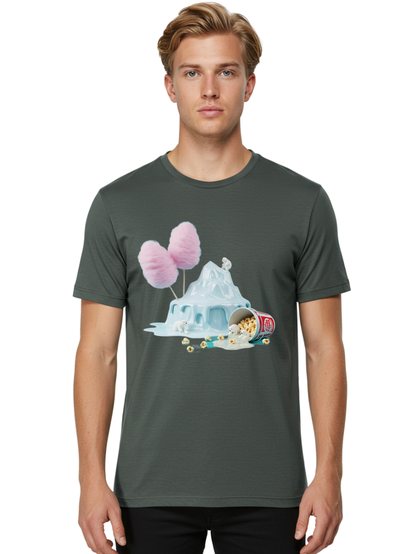Cotton-Candy-Iceberg Men'S Graphic Tee, 100% Cotton, Comfortable Casual Summer Wear, Machine Washable, Melting Ice, Polar Bears, Popcorn, Cotton Candy, Climate Change, Global Warming, Surreal Scene, Melting Glacier, White Bears Bac921
