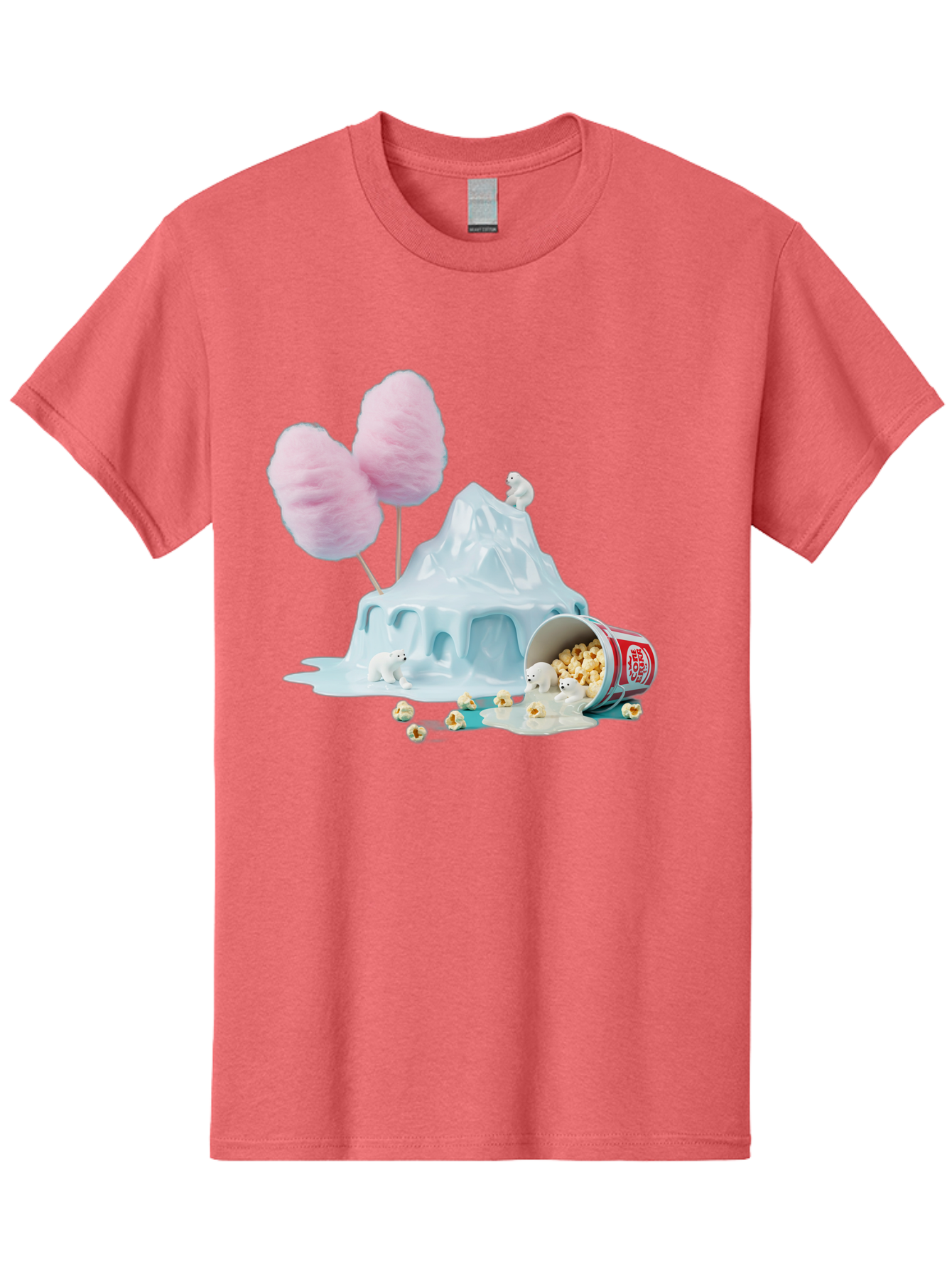 Cotton-Candy-Iceberg Men'S Graphic Tee, 100% Cotton, Comfortable Casual Summer Wear, Machine Washable, Melting Ice, Polar Bears, Popcorn, Cotton Candy, Climate Change, Global Warming, Surreal Scene, Melting Glacier, White Bears Bac921