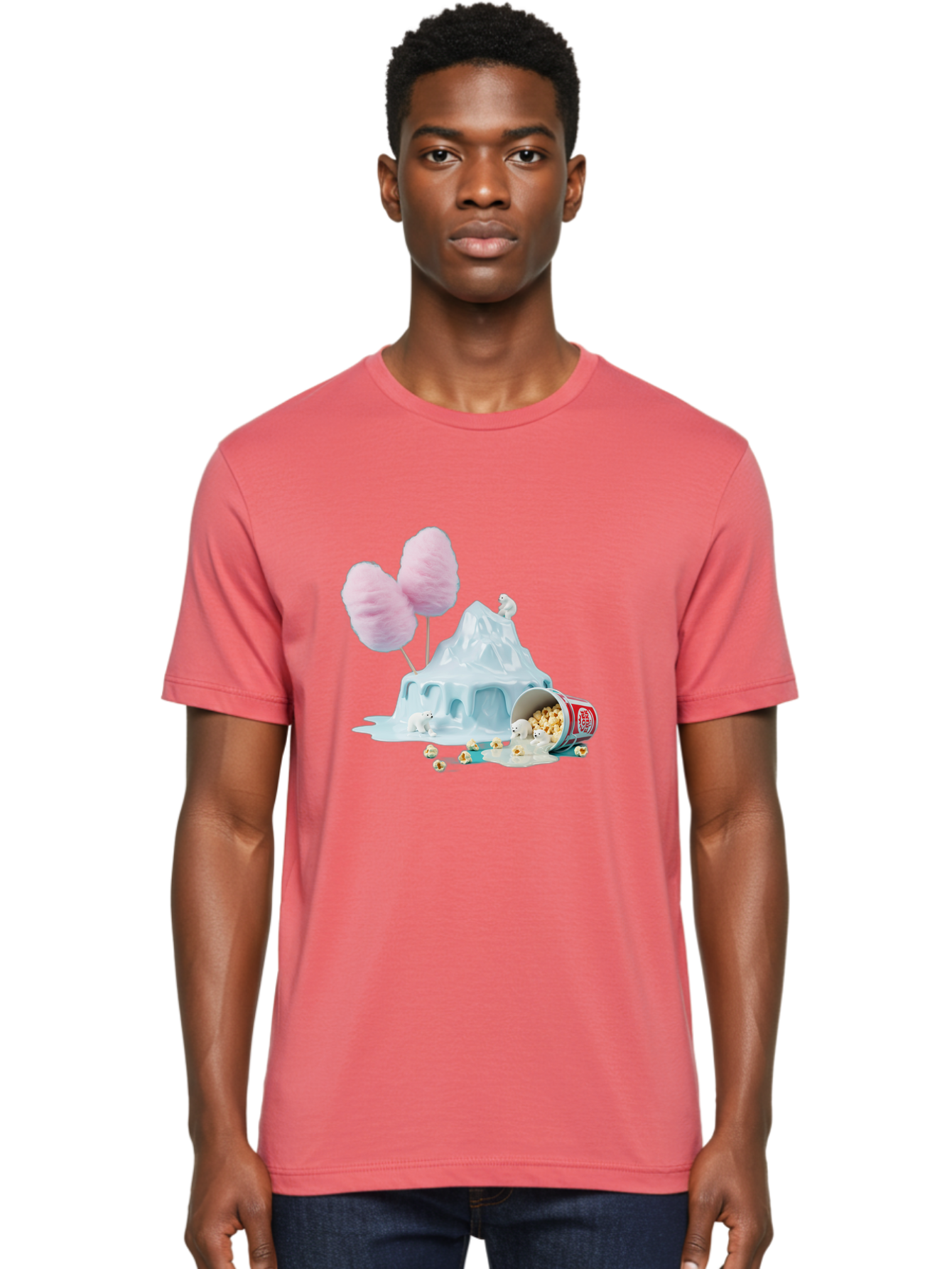 Cotton-Candy-Iceberg Men'S Graphic Tee, 100% Cotton, Comfortable Casual Summer Wear, Machine Washable, Melting Ice, Polar Bears, Popcorn, Cotton Candy, Climate Change, Global Warming, Surreal Scene, Melting Glacier, White Bears Bac921