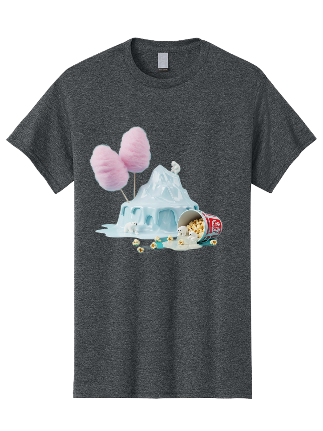 Cotton-Candy-Iceberg Men'S Graphic Tee, 100% Cotton, Comfortable Casual Summer Wear, Machine Washable, Melting Ice, Polar Bears, Popcorn, Cotton Candy, Climate Change, Global Warming, Surreal Scene, Melting Glacier, White Bears Bac921