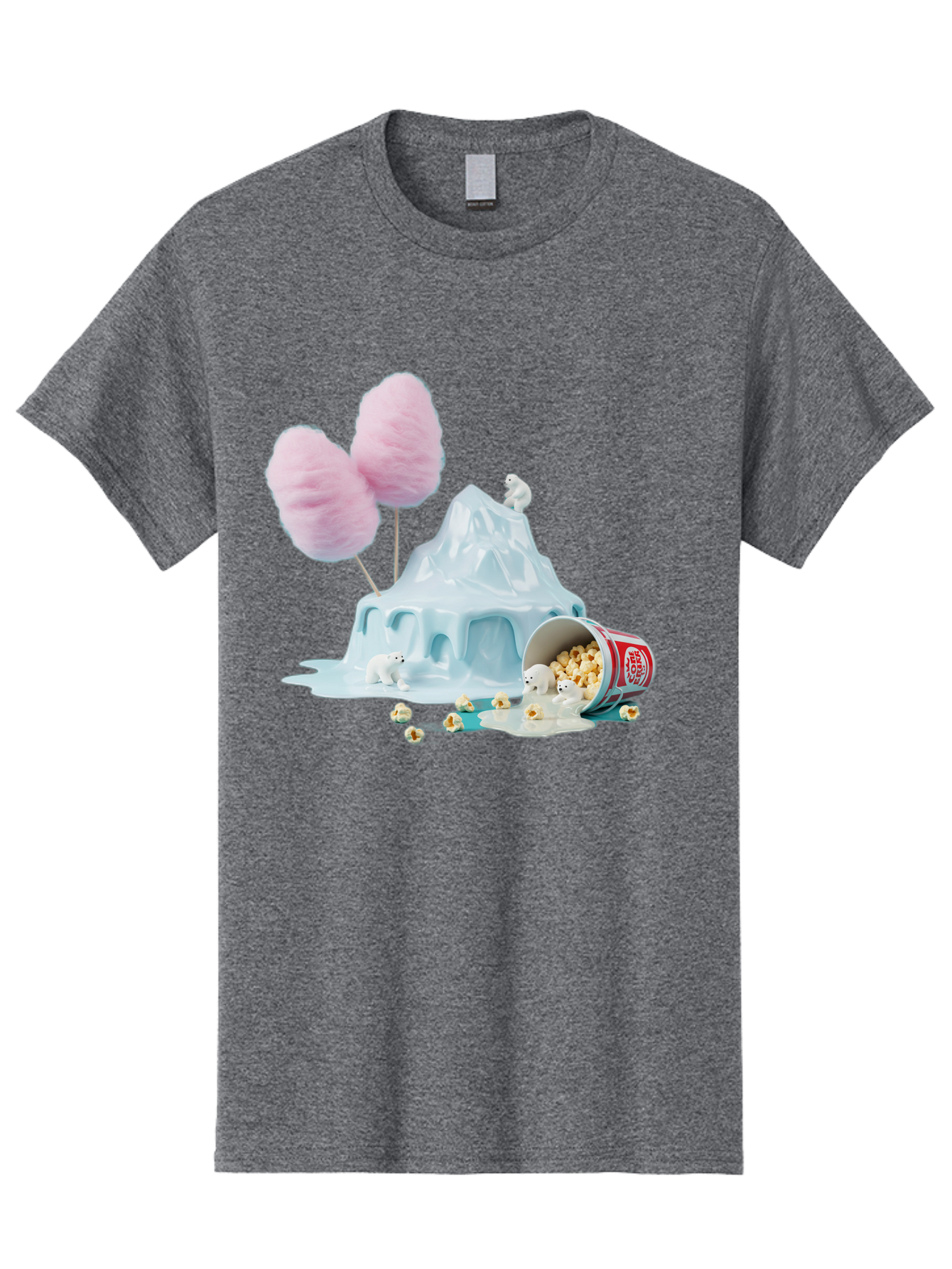 Cotton-Candy-Iceberg Men'S Graphic Tee, 100% Cotton, Comfortable Casual Summer Wear, Machine Washable, Melting Ice, Polar Bears, Popcorn, Cotton Candy, Climate Change, Global Warming, Surreal Scene, Melting Glacier, White Bears Bac921