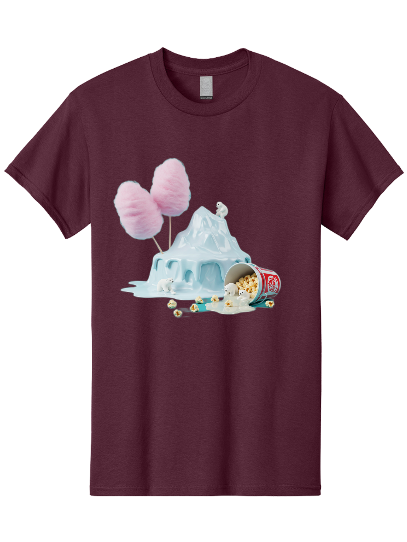 Cotton-Candy-Iceberg Men'S Graphic Tee, 100% Cotton, Comfortable Casual Summer Wear, Machine Washable, Melting Ice, Polar Bears, Popcorn, Cotton Candy, Climate Change, Global Warming, Surreal Scene, Melting Glacier, White Bears Bac921