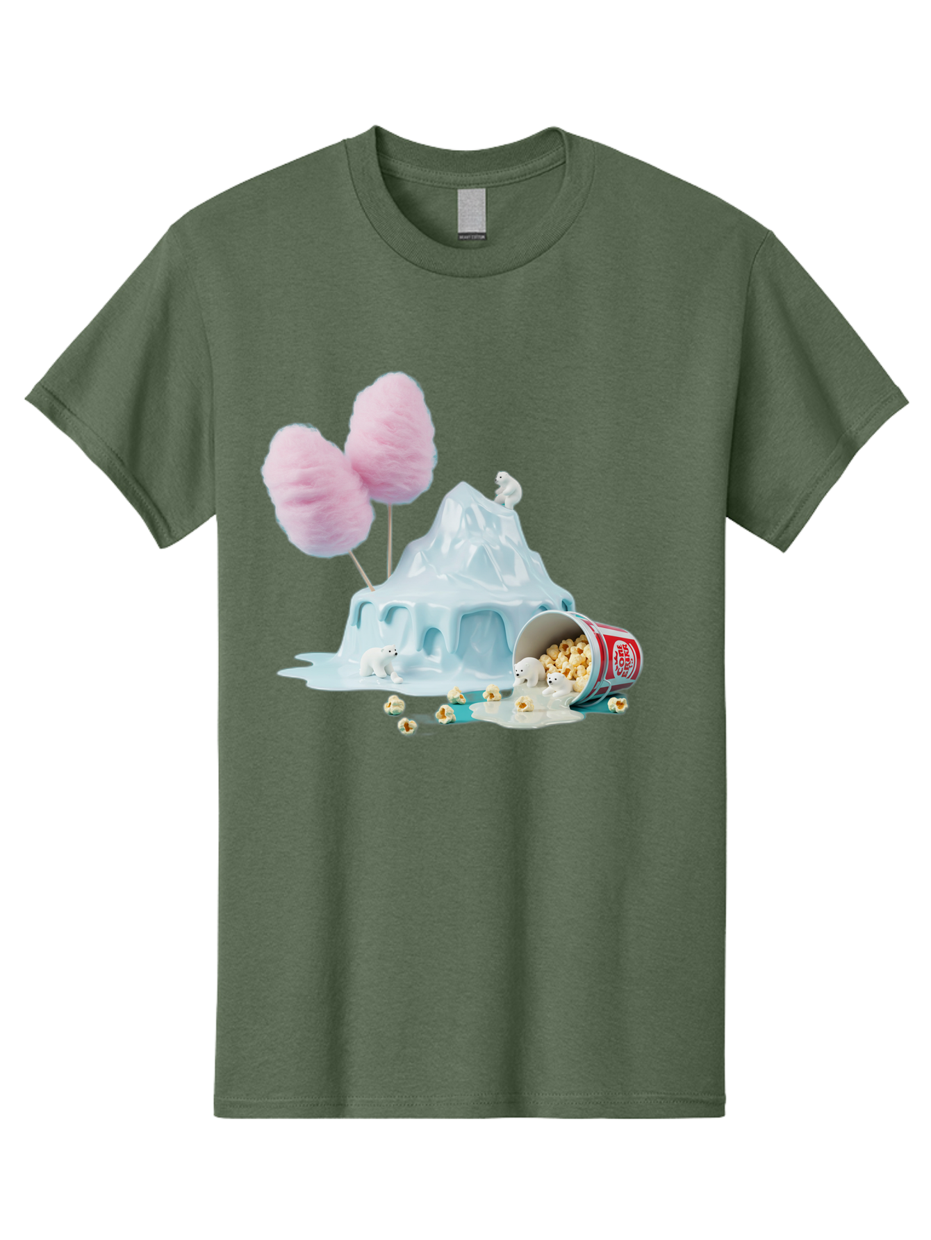 Cotton-Candy-Iceberg Men'S Graphic Tee, 100% Cotton, Comfortable Casual Summer Wear, Machine Washable, Melting Ice, Polar Bears, Popcorn, Cotton Candy, Climate Change, Global Warming, Surreal Scene, Melting Glacier, White Bears Bac921