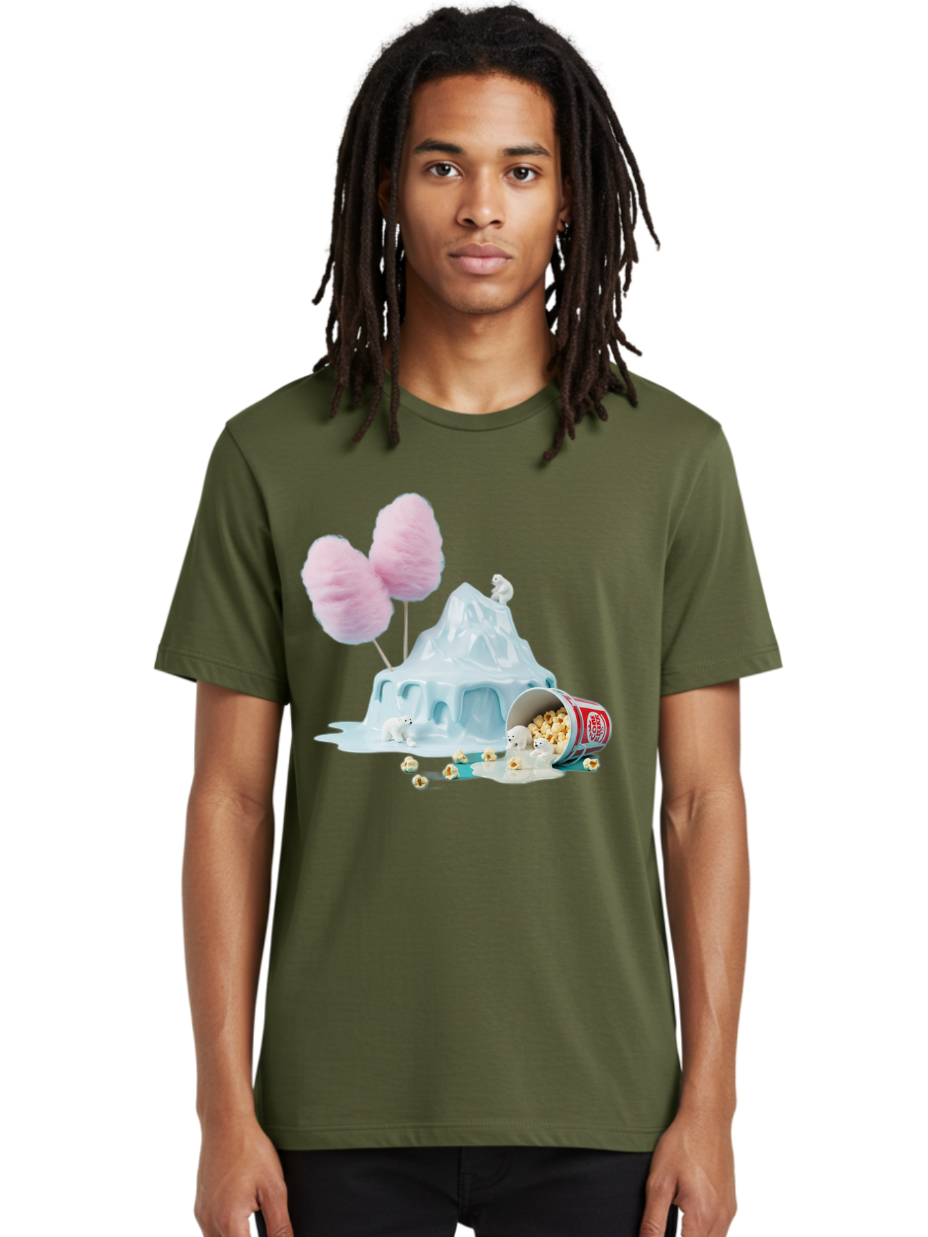 Cotton-Candy-Iceberg Men'S Graphic Tee, 100% Cotton, Comfortable Casual Summer Wear, Machine Washable, Melting Ice, Polar Bears, Popcorn, Cotton Candy, Climate Change, Global Warming, Surreal Scene, Melting Glacier, White Bears Bac921