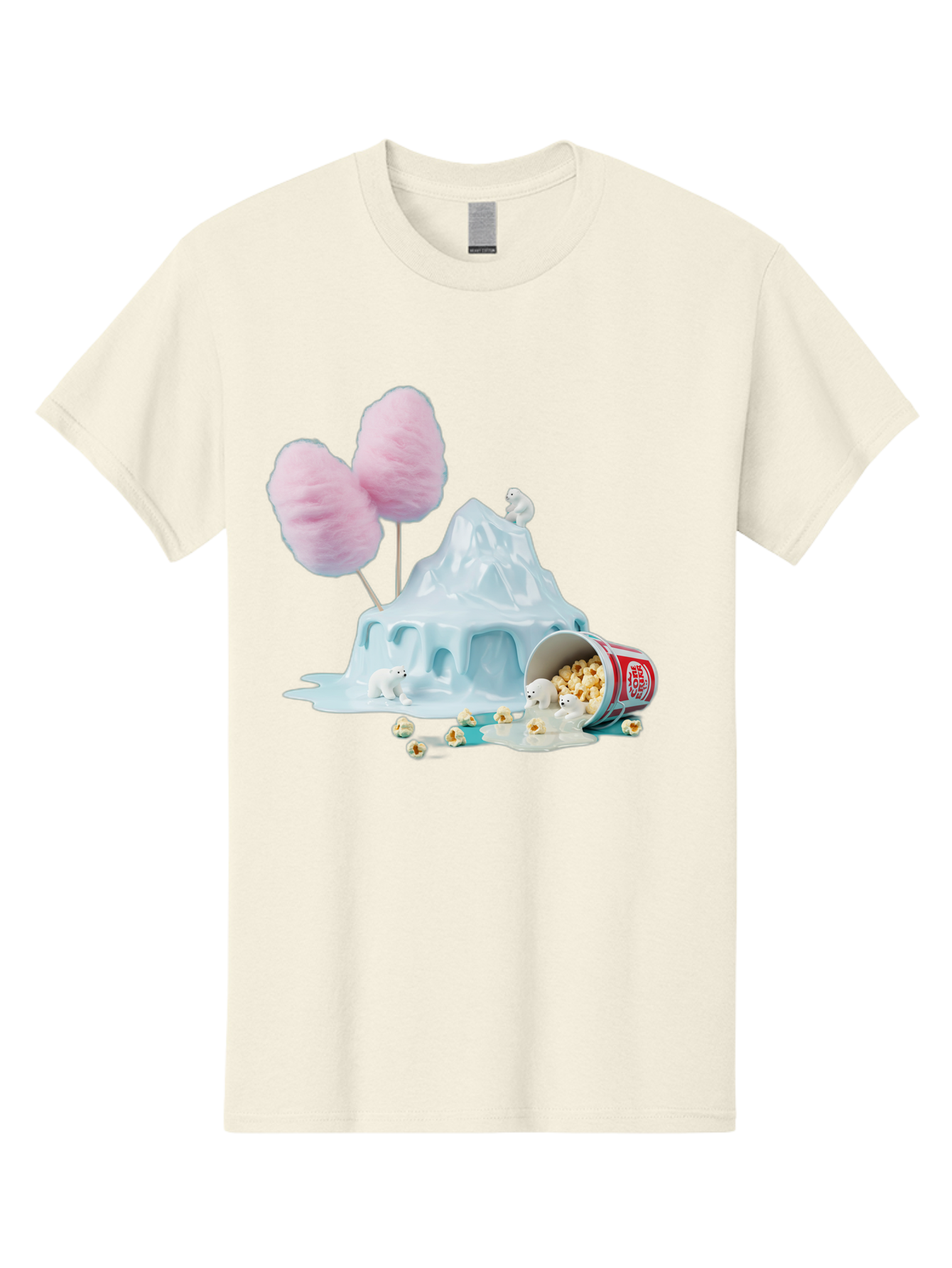Cotton-Candy-Iceberg Men'S Graphic Tee, 100% Cotton, Comfortable Casual Summer Wear, Machine Washable, Melting Ice, Polar Bears, Popcorn, Cotton Candy, Climate Change, Global Warming, Surreal Scene, Melting Glacier, White Bears Bac921
