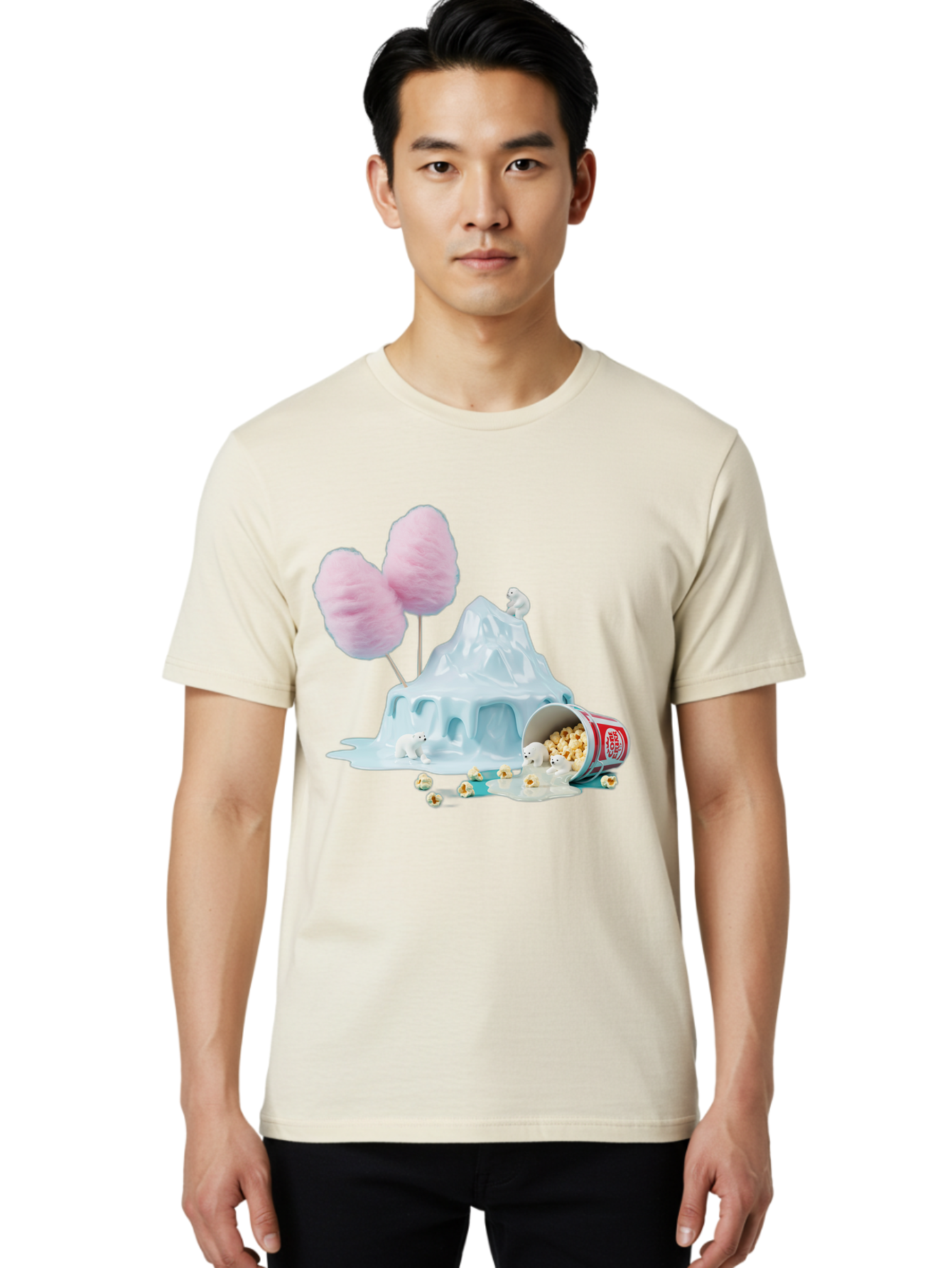 Cotton-Candy-Iceberg Men'S Graphic Tee, 100% Cotton, Comfortable Casual Summer Wear, Machine Washable, Melting Ice, Polar Bears, Popcorn, Cotton Candy, Climate Change, Global Warming, Surreal Scene, Melting Glacier, White Bears Bac921