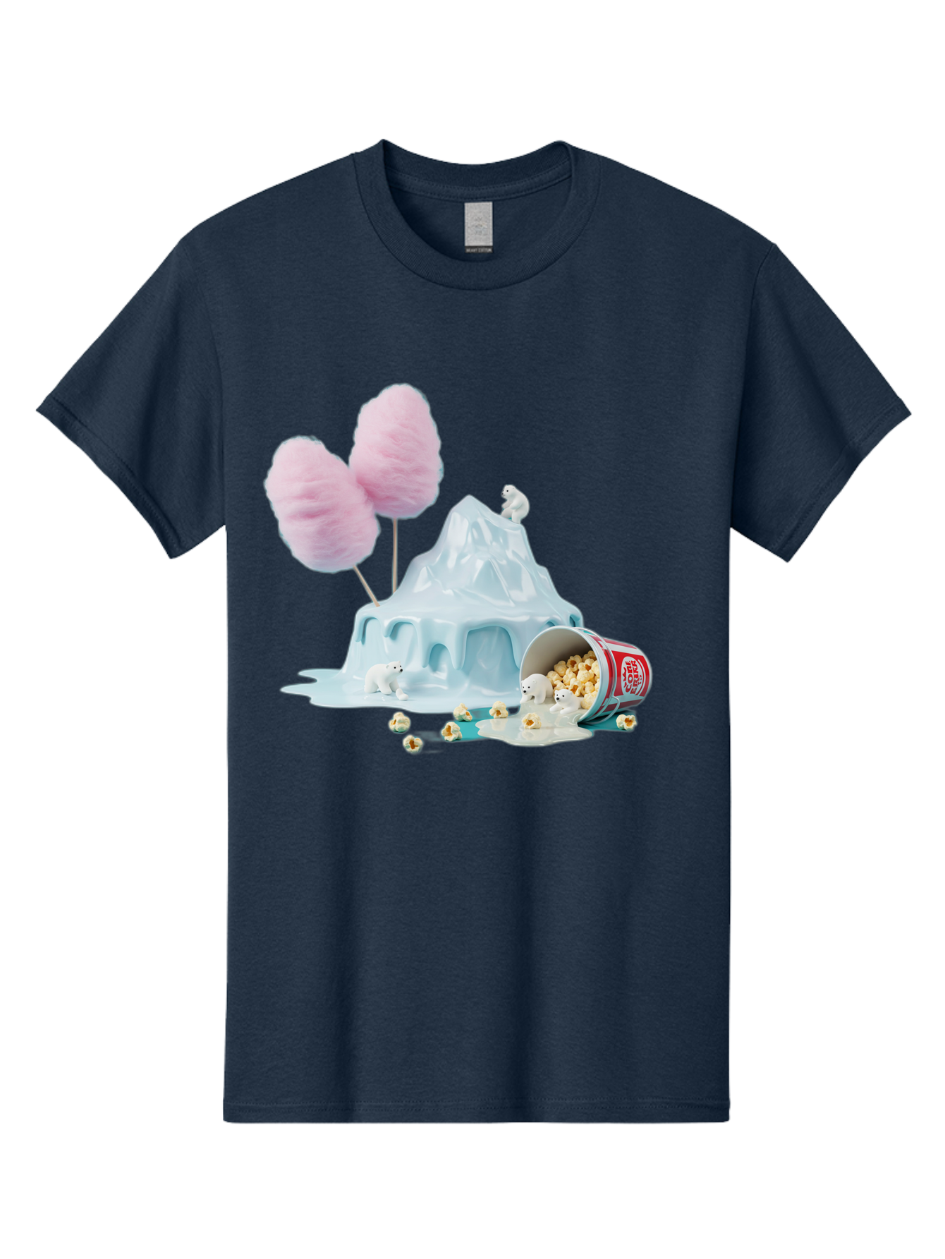 Cotton-Candy-Iceberg Men'S Graphic Tee, 100% Cotton, Comfortable Casual Summer Wear, Machine Washable, Melting Ice, Polar Bears, Popcorn, Cotton Candy, Climate Change, Global Warming, Surreal Scene, Melting Glacier, White Bears Bac921
