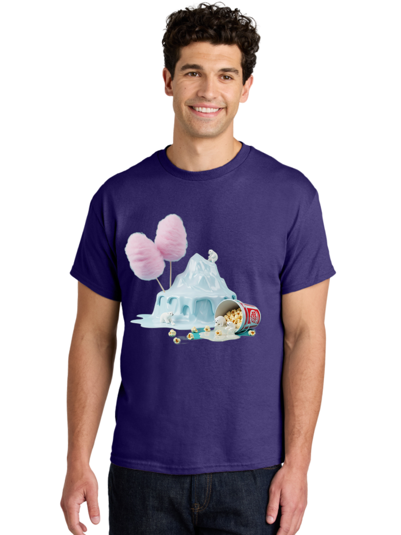Cotton-Candy-Iceberg Men'S Graphic Tee, 100% Cotton, Comfortable Casual Summer Wear, Machine Washable, Melting Ice, Polar Bears, Popcorn, Cotton Candy, Climate Change, Global Warming, Surreal Scene, Melting Glacier, White Bears Bac921