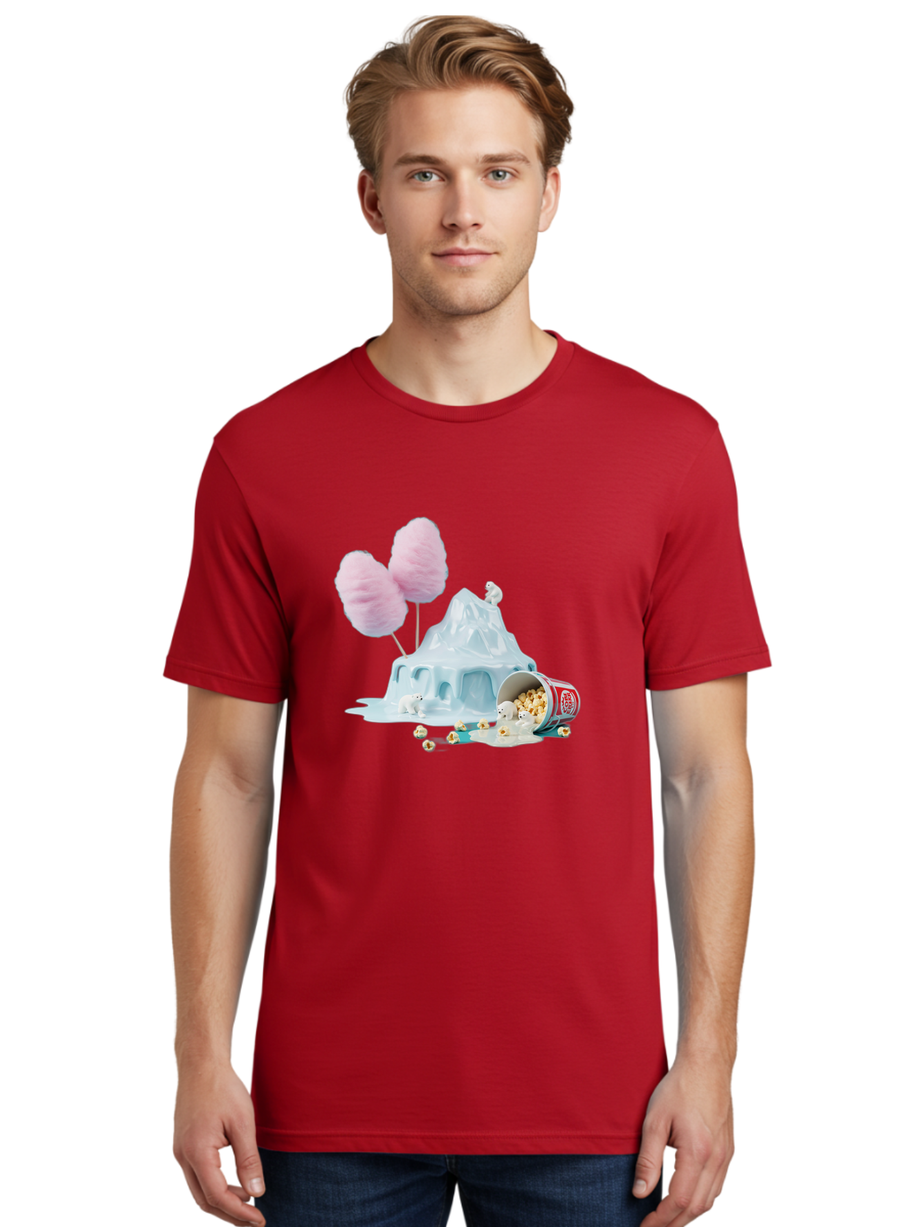 Cotton-Candy-Iceberg Men'S Graphic Tee, 100% Cotton, Comfortable Casual Summer Wear, Machine Washable, Melting Ice, Polar Bears, Popcorn, Cotton Candy, Climate Change, Global Warming, Surreal Scene, Melting Glacier, White Bears Bac921