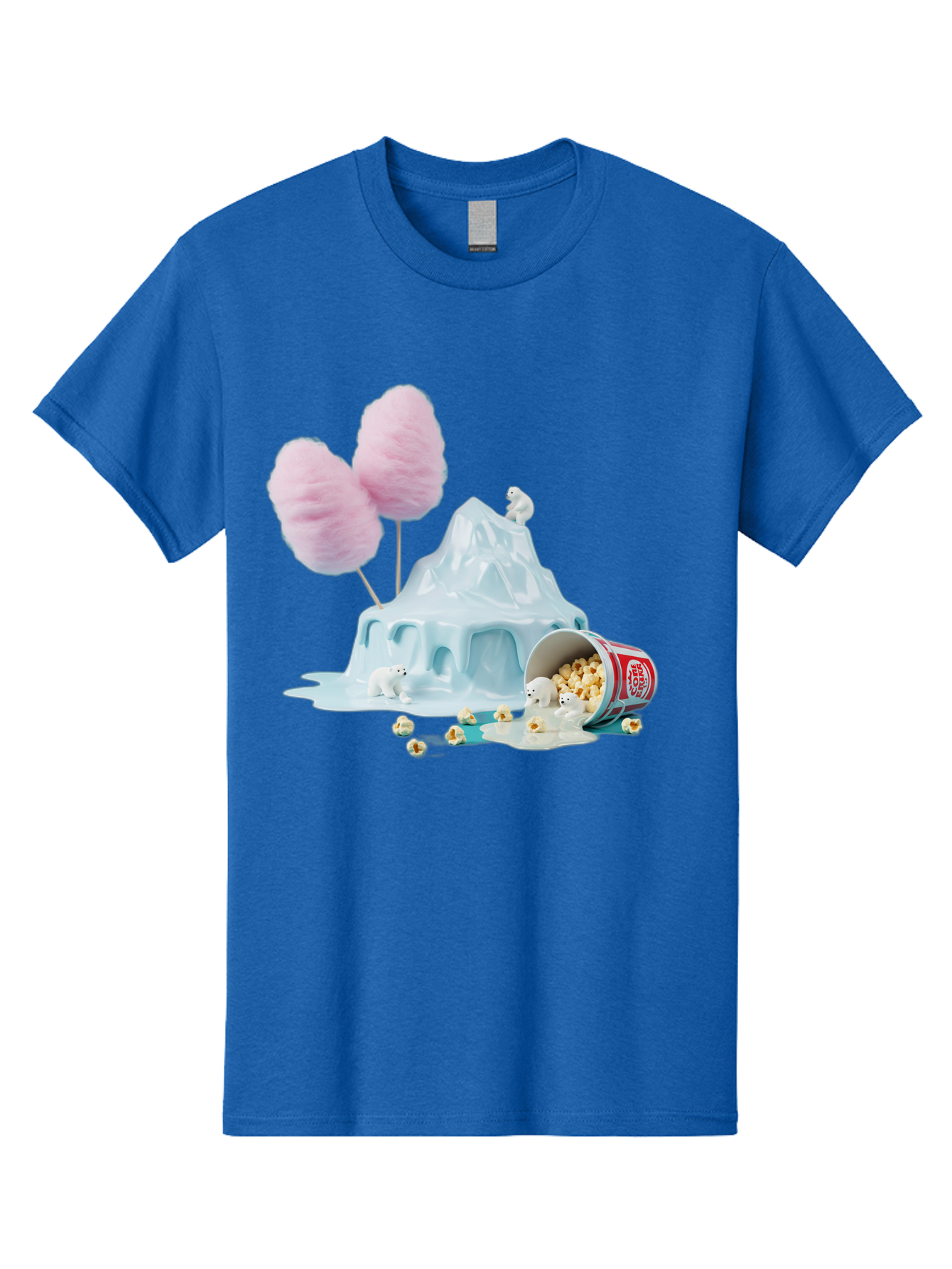 Cotton-Candy-Iceberg Men'S Graphic Tee, 100% Cotton, Comfortable Casual Summer Wear, Machine Washable, Melting Ice, Polar Bears, Popcorn, Cotton Candy, Climate Change, Global Warming, Surreal Scene, Melting Glacier, White Bears Bac921