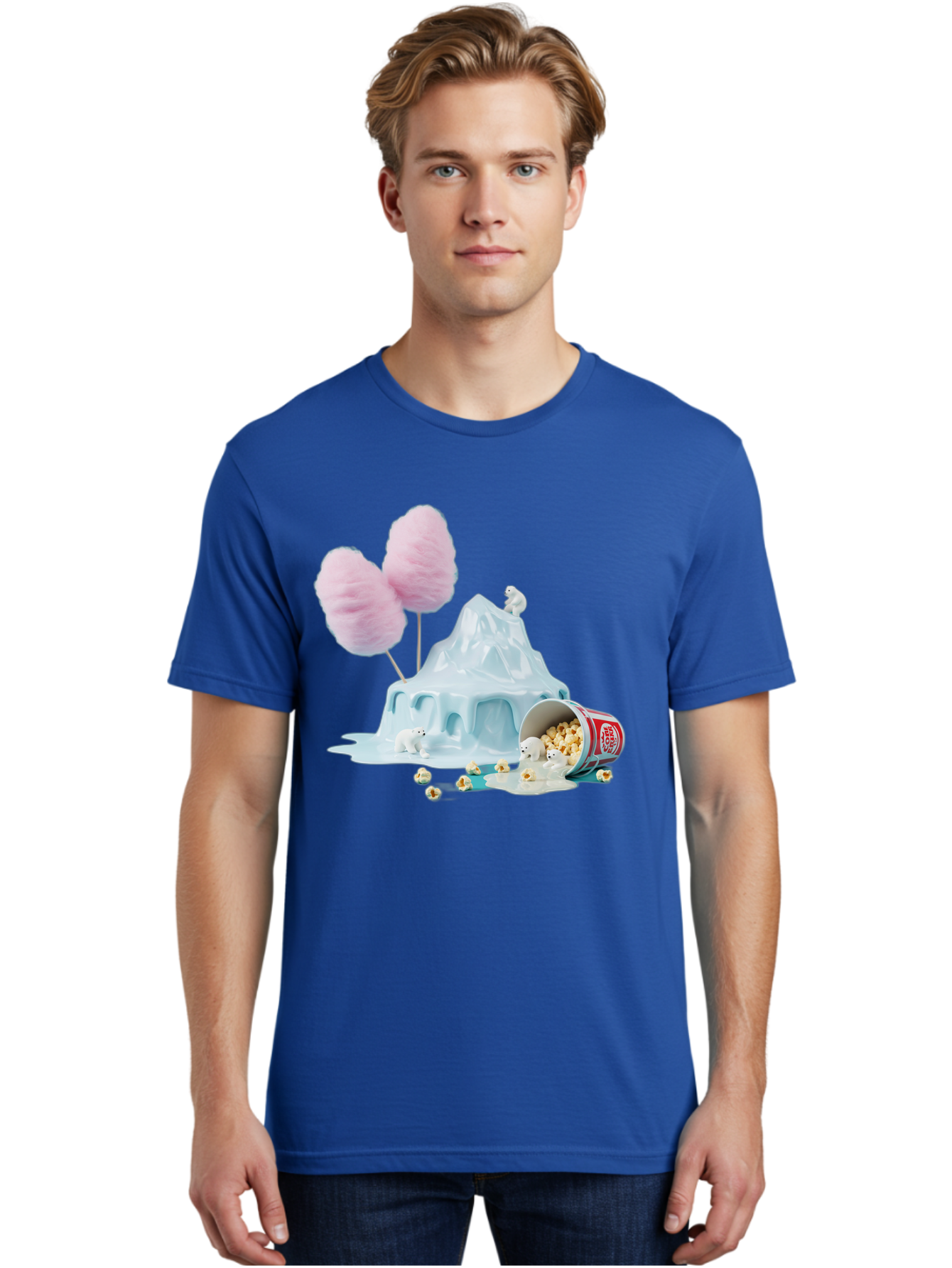 Cotton-Candy-Iceberg Men'S Graphic Tee, 100% Cotton, Comfortable Casual Summer Wear, Machine Washable, Melting Ice, Polar Bears, Popcorn, Cotton Candy, Climate Change, Global Warming, Surreal Scene, Melting Glacier, White Bears Bac921